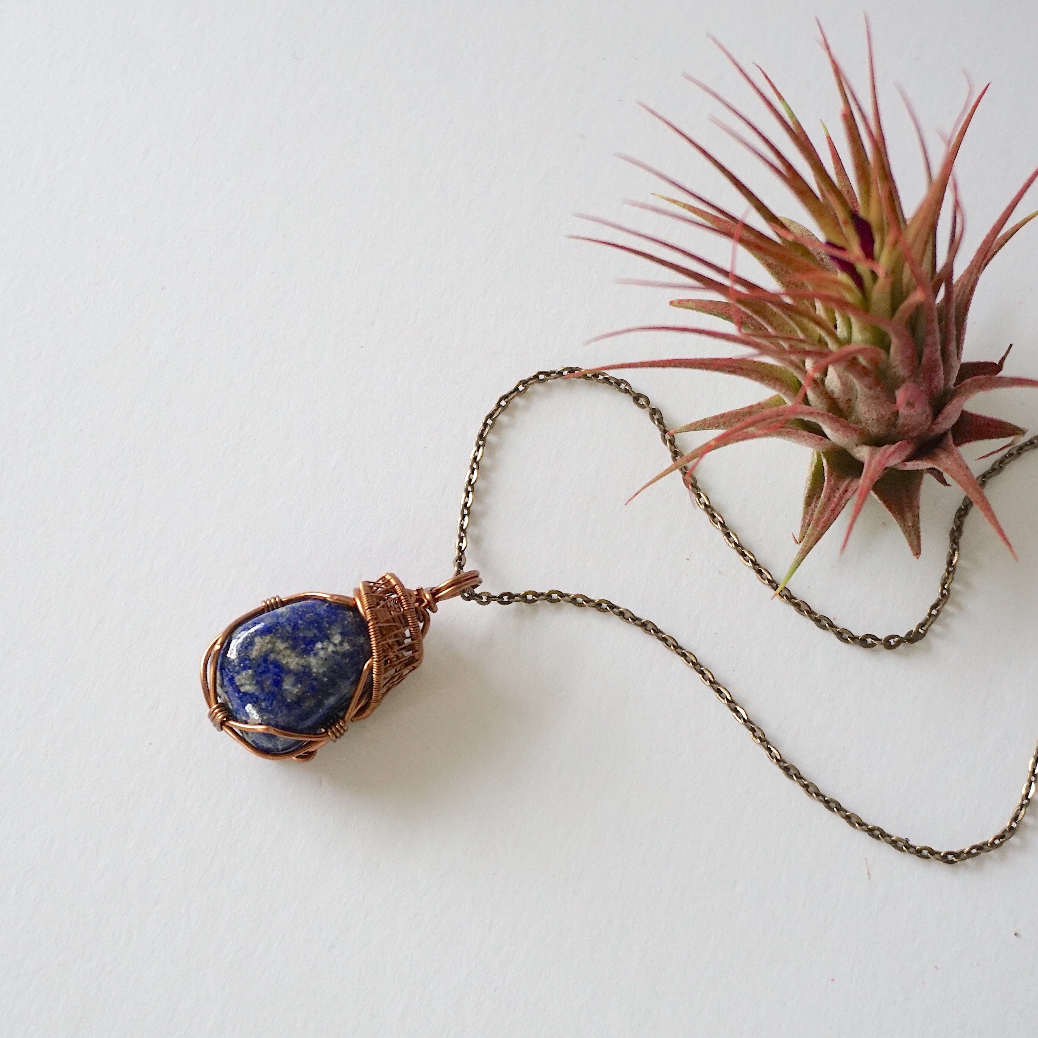 Lapis Lazuli Crystal Necklace - Handmade Antique Bronze Wire Wrapped Pendant for Women | Spiritual Healing Jewelry, Meditation Accessory & Boho Fashion Statement