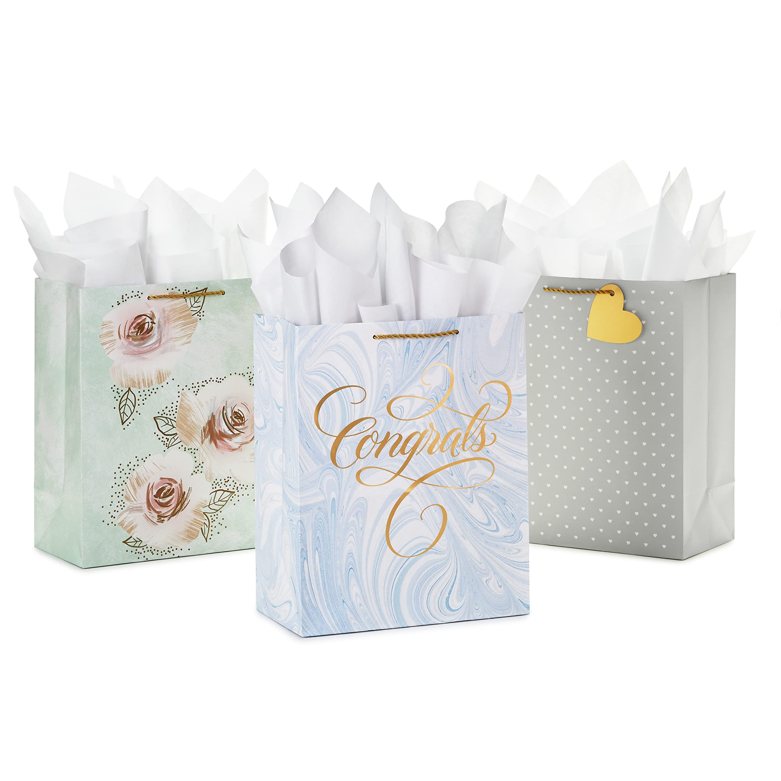 Hallmark 13-Inch Large Gift Bags with Tissue Paper (3-Pack: Blue Marble Congrats, Polka Dots, Floral Design) for Weddings, Anniversaries & Bridal Showers - Perfect for Party Favors, Birthday Gifts & Special Occasions