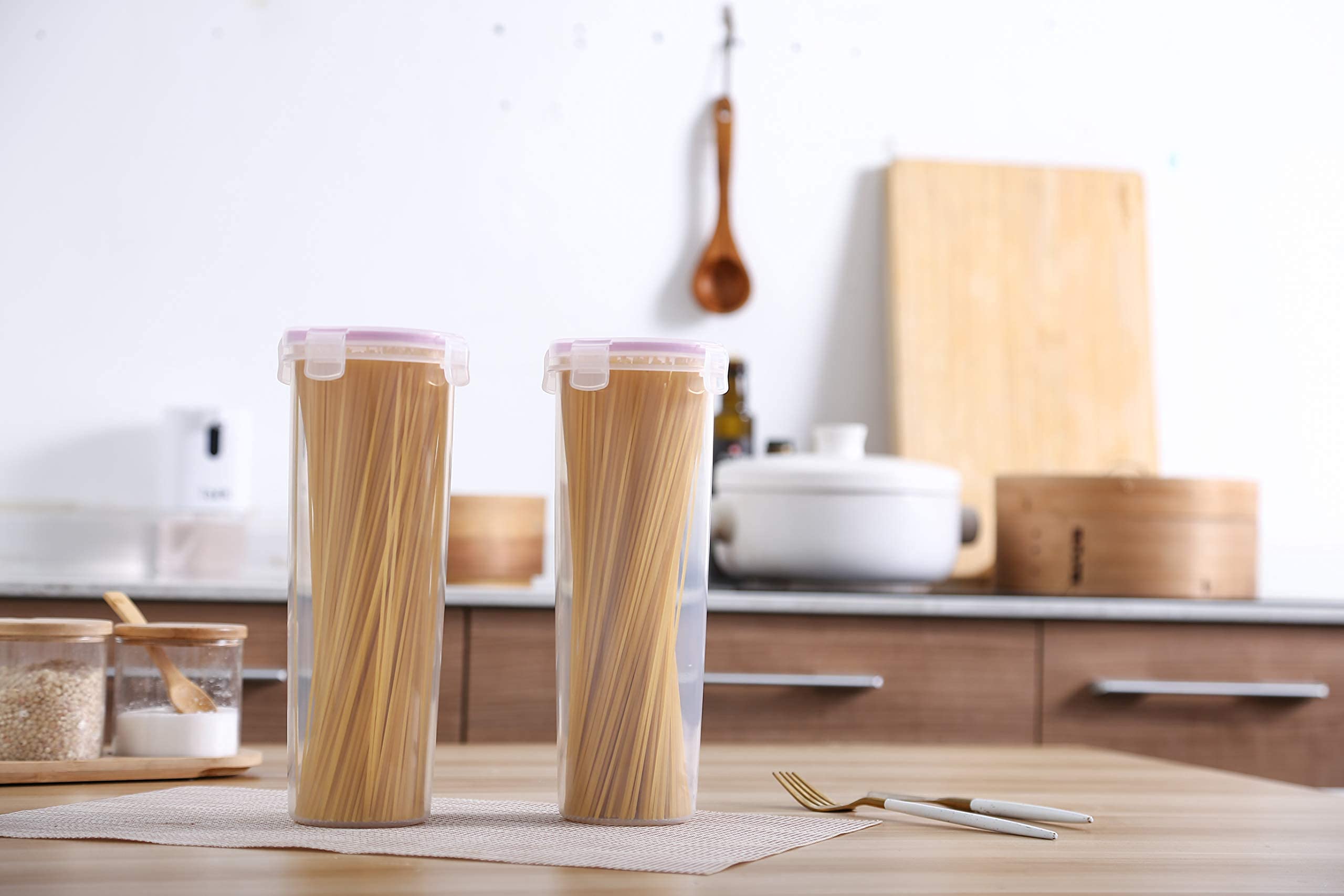 Komax Airtight Spaghetti Storage Containers - BPA-Free Plastic Pasta Canisters with Lids - Set of 2 Round Dry Food Containers for Pantry Organization - Perfect for Spaghetti, Macaroni & Cereal Storage - Dishwasher Safe & Leakproof Kitchen Containers for Home & Restaurant Use