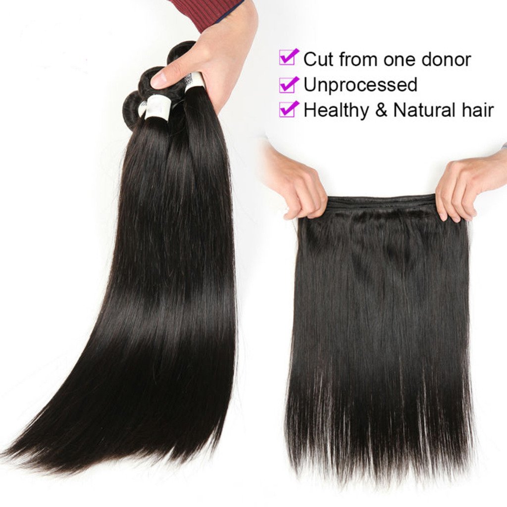 8A Grade Peruvian Virgin Straight Human Hair Weave 3 Bundles 14 Inches with 1 Piece Middle Part Lace Closure - Natural Black Color (Pack of 4) | Brazilian Hair Extensions for Styling, Weaving & Protective Hairstyles