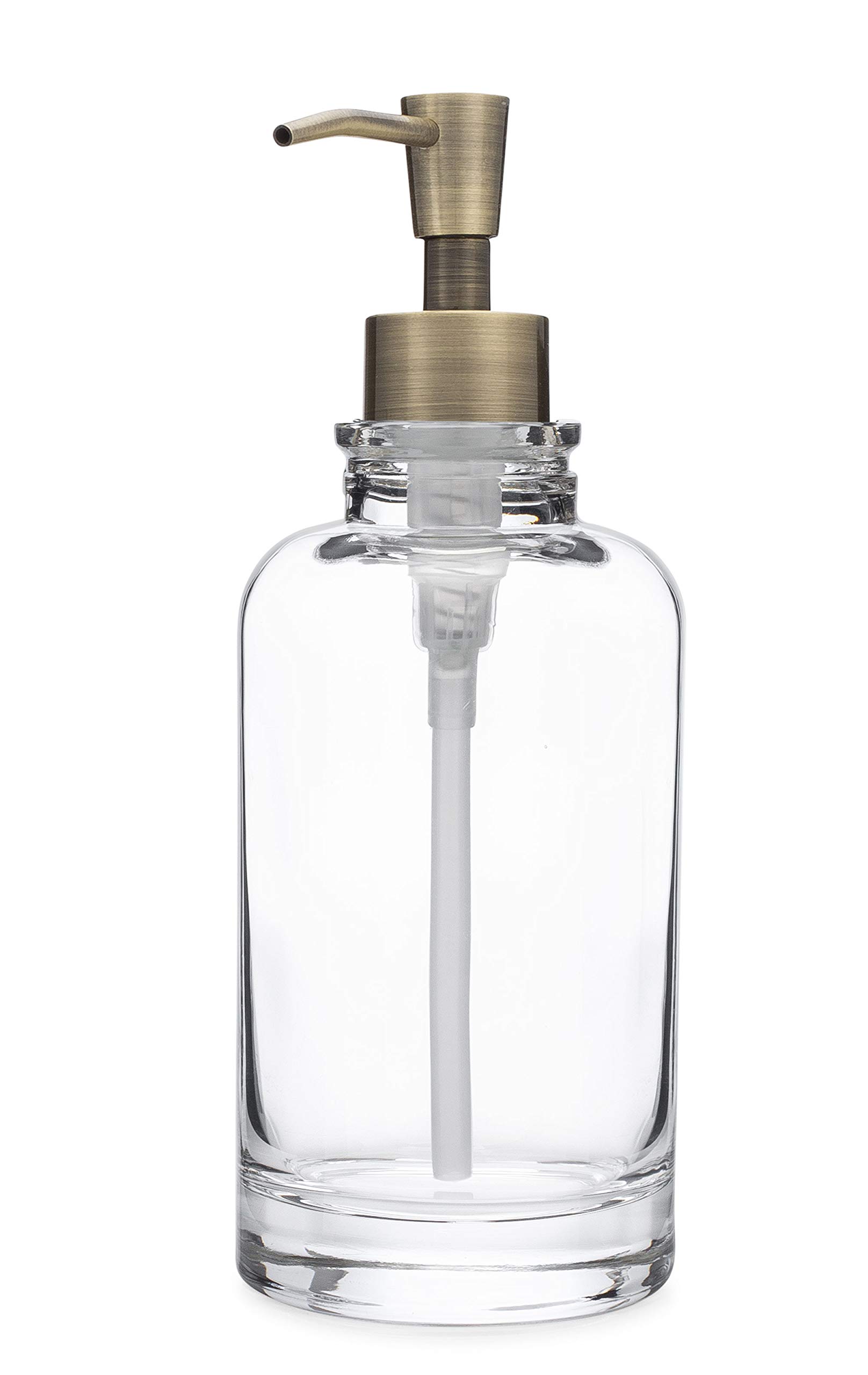 Rail19 Sonoma Clear Glass Soap Dispenser - 10oz Antique Brass Liquid Hand Soap & Lotion Dispenser for Kitchen, Bathroom Countertop | Elegant Home Decor & Guest Bath Essentials