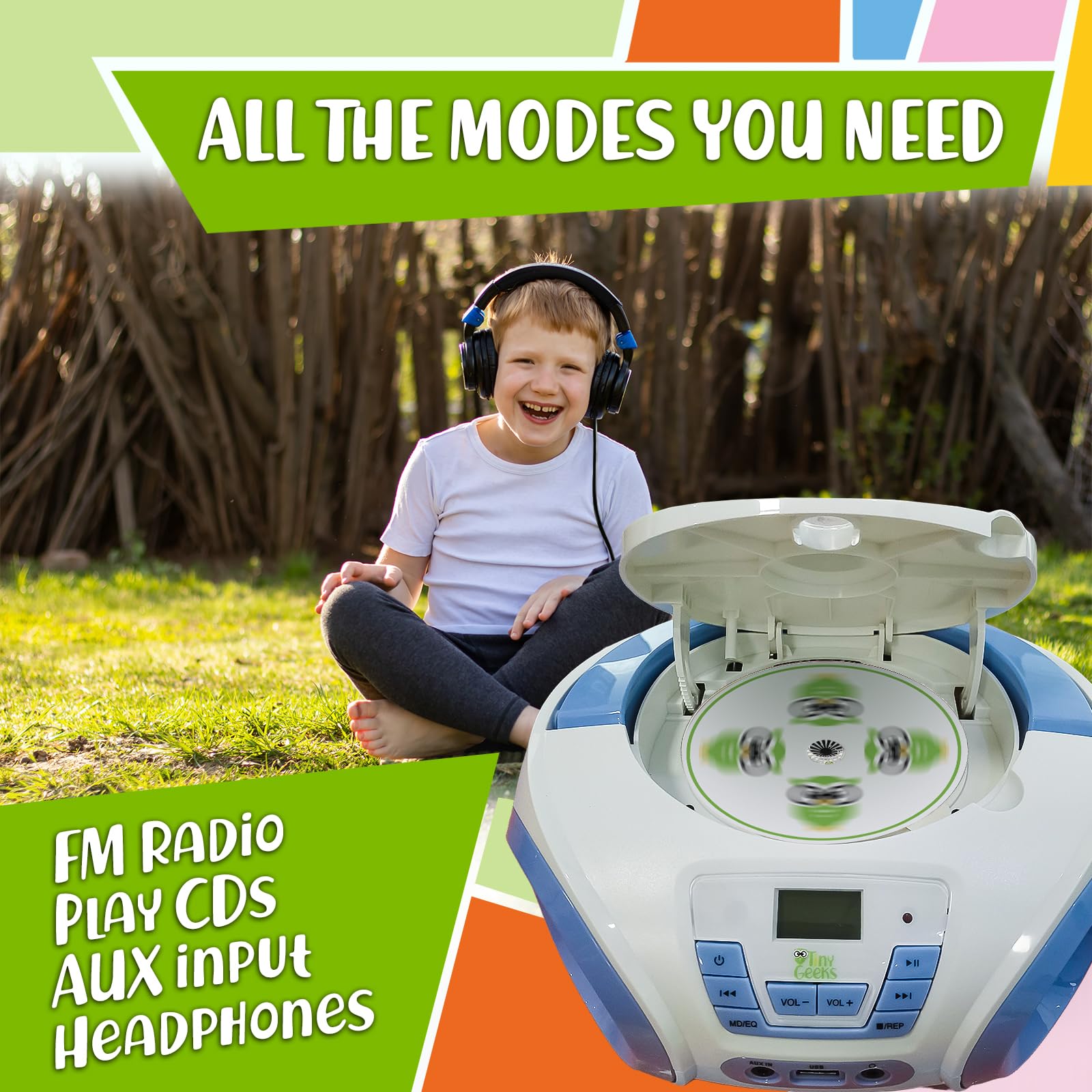 2023 New Kids Boombox CD Player with FM Radio & Built-in Speakers - Portable Music Player for Children & Toddlers (Blue & White) - Perfect for Bedroom Playtime, Road Trips & Birthday Gifts - Batteries Included