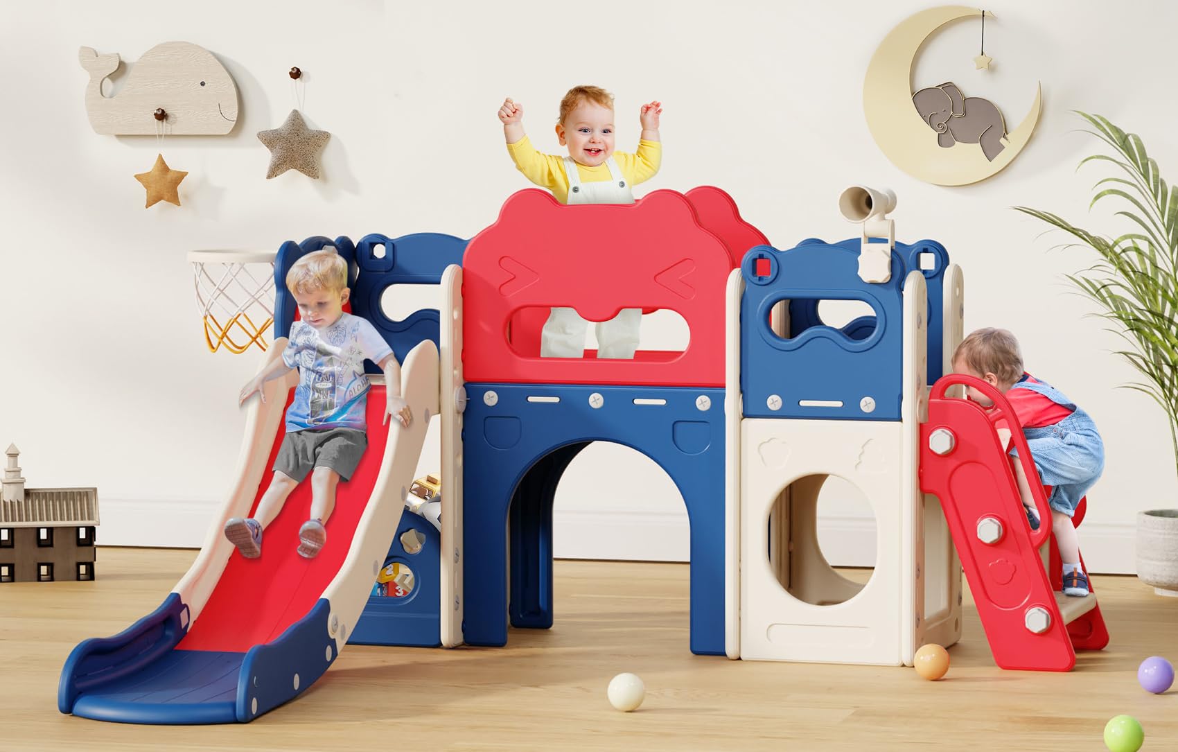 Babytronic 8-in-1 Toddler Slide Playset for Kids Ages 1-3 | Indoor/Outdoor Baby Slide with Basketball Hoop & Telescope | Blue & Red Playground Toy for Toddlers | Perfect for Backyards, Playrooms & Daycare Centers