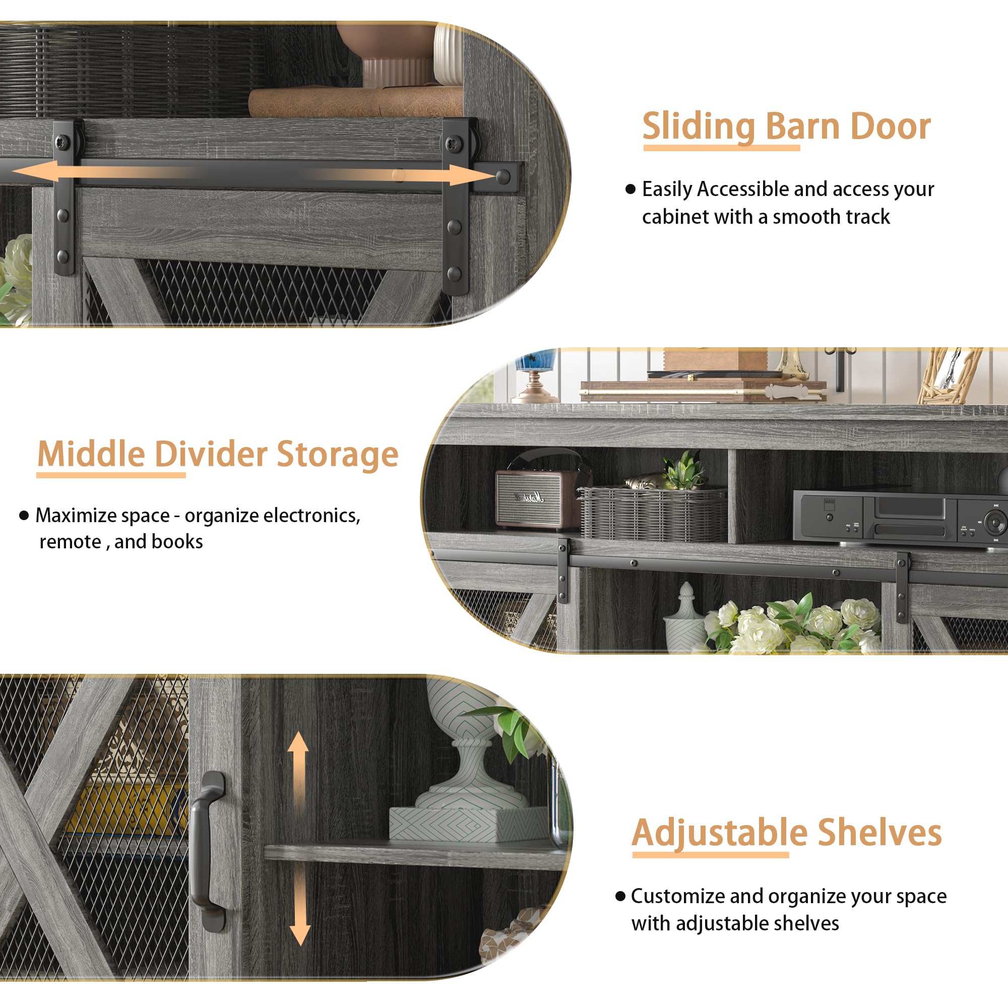 Farmhouse TV Stand for 65 Inch TV - Rustic Entertainment Center with Sliding Barn Doors, Storage Cabinet for Living Room & Bedroom - Grey - Perfect for Cozy Home Decor & Media Organization