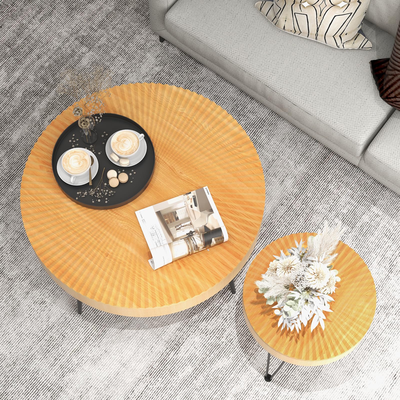 Giantex Boho Round Coffee Table Set of 2 - Solid Pine Wood Top & Metal Legs with Adjustable Foot Pads - 31.5