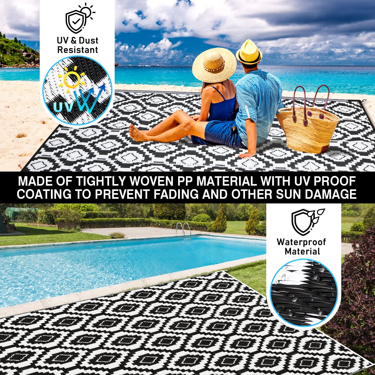 HIHEGD 9x12 Waterproof Reversible Outdoor Rug for Patio, Camping, RV - Durable Plastic Straw Mat for Indoor & Outdoor Use - Perfect for Porch, Deck, Backyard, Picnic (Black and White) - Ideal for Summer BBQs, Beach Trips, and Garden Parties