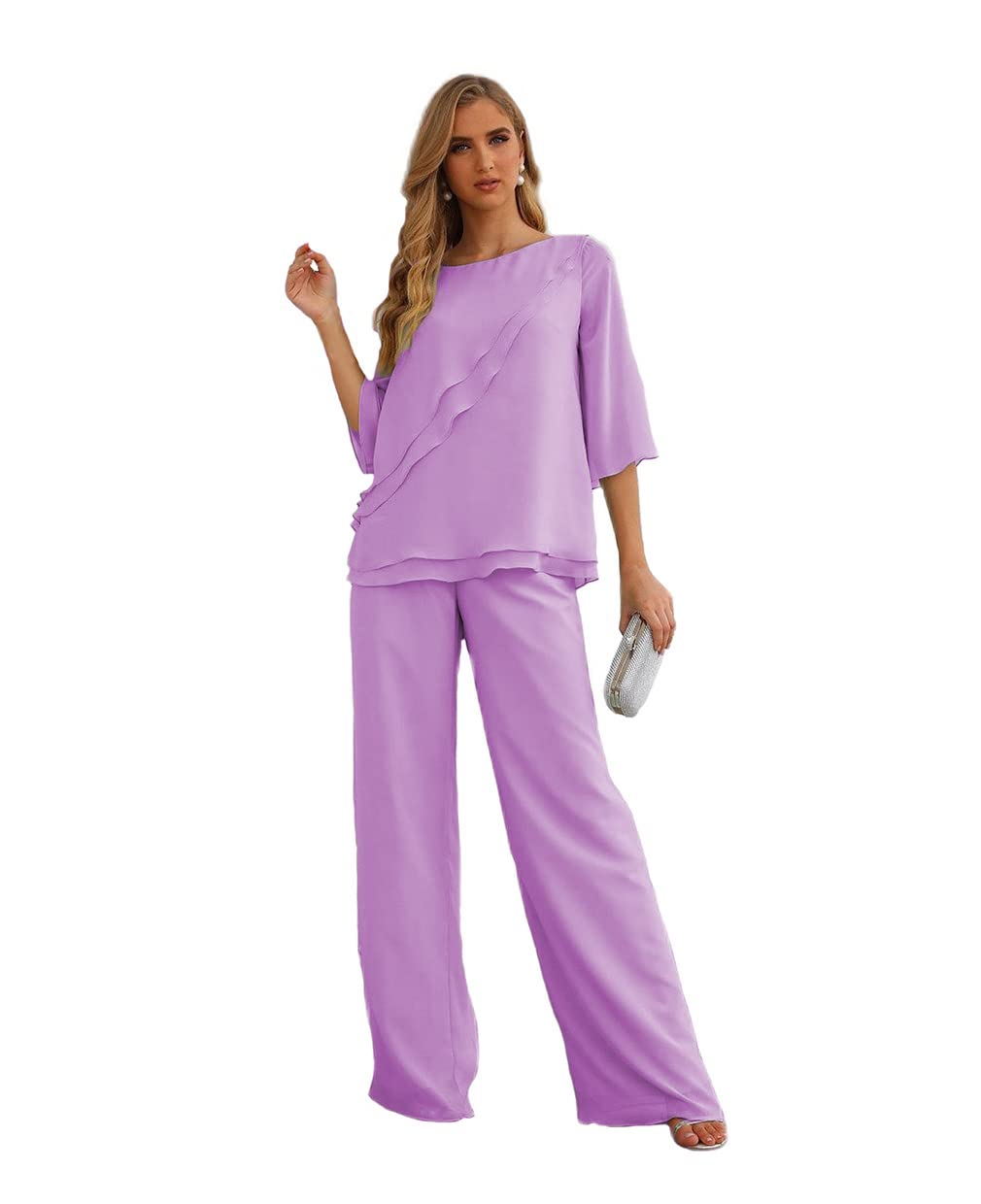 Elegant Women's Chiffon Half-Sleeve 2-Piece Pant Suit Set for Mother of The Bride & Wedding Guests | Formal Occasions & Special Events