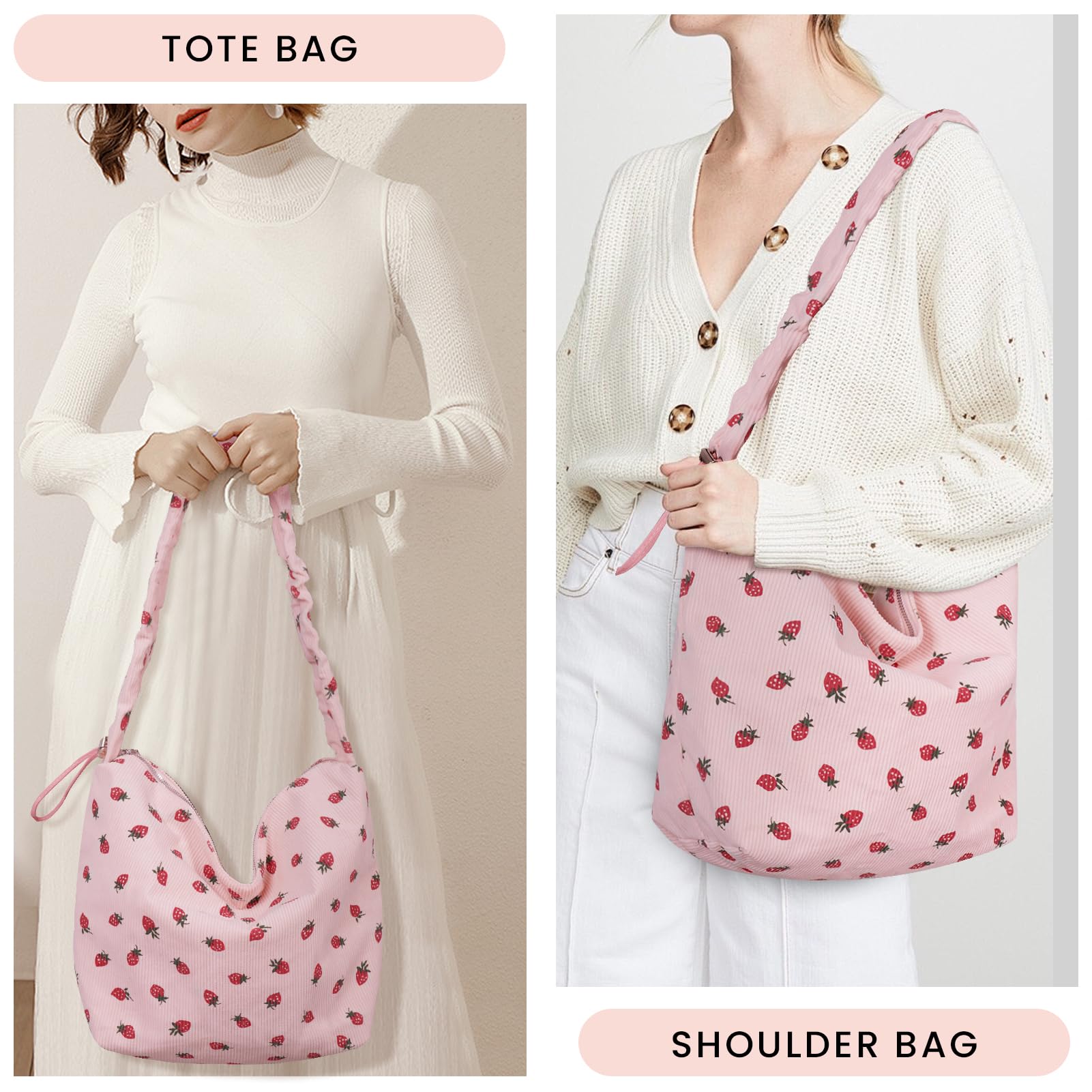 Stylish Corduroy Strawberry Tote Bag for Women - Cute Zippered Shoulder Purse & Hobo Bag | Perfect for Work, Shopping & Casual Outings