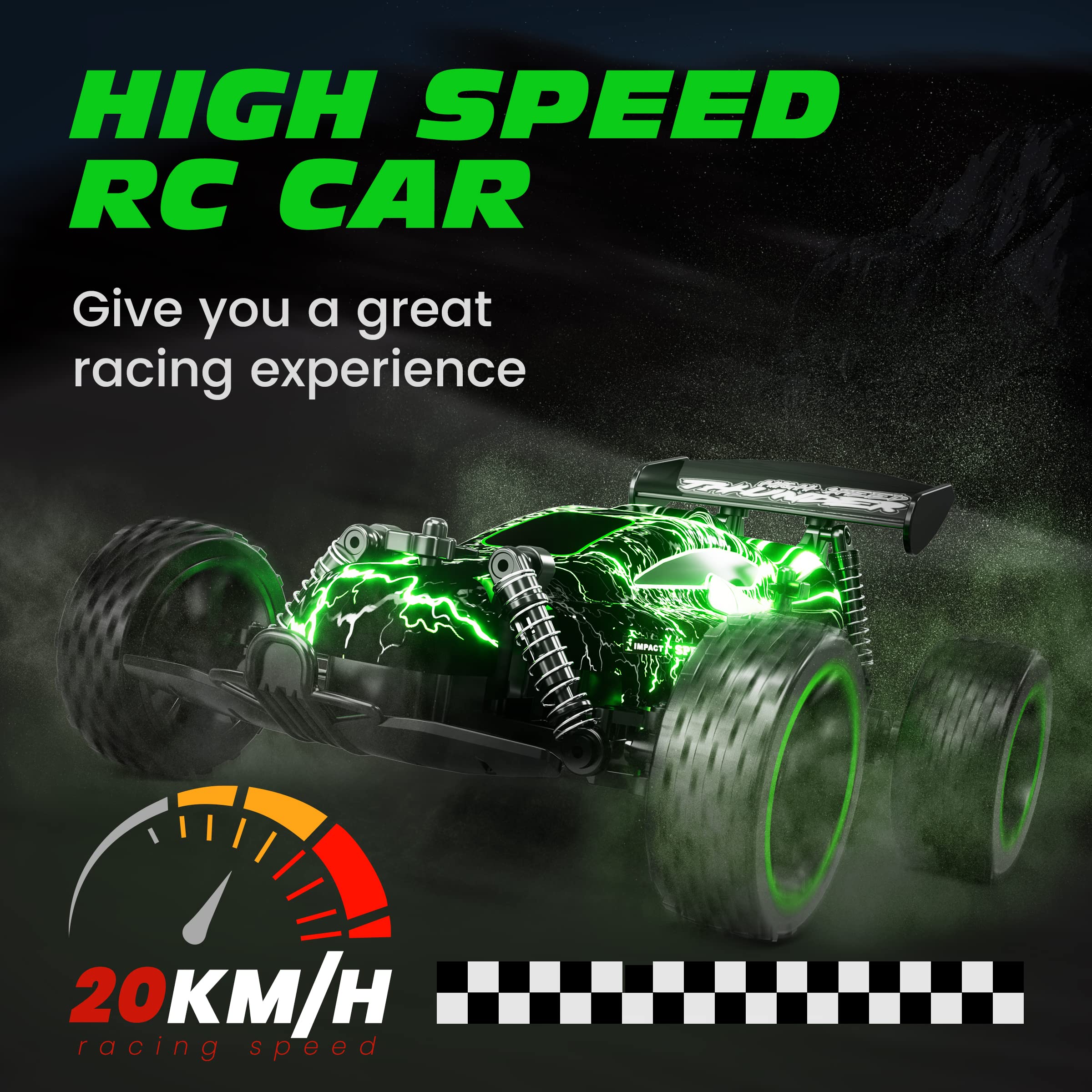 Tecnock 1:18 Scale Remote Control Car for Kids - 2.4GHz 2WD All-Terrain RC Truck with LED Lights & Rechargeable Battery (50 Min Playtime) - Perfect Gift for Boys and Girls | Outdoor Play, Birthday Presents, Backyard Racing