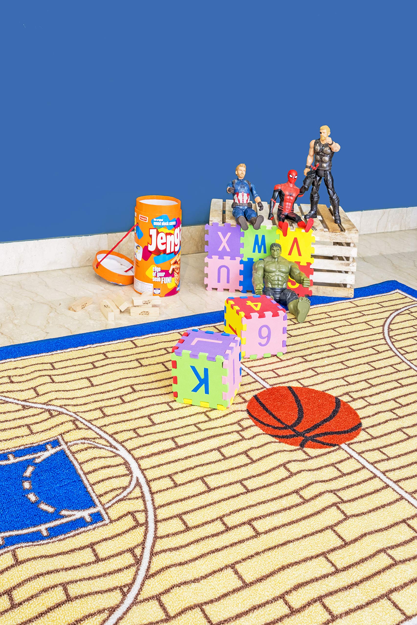 695 Basketball Themed Kids Play Area Rug - Non-Slip Blue Court Design for Playroom, Kindergarten & Bathroom - Modern Decor 7'10