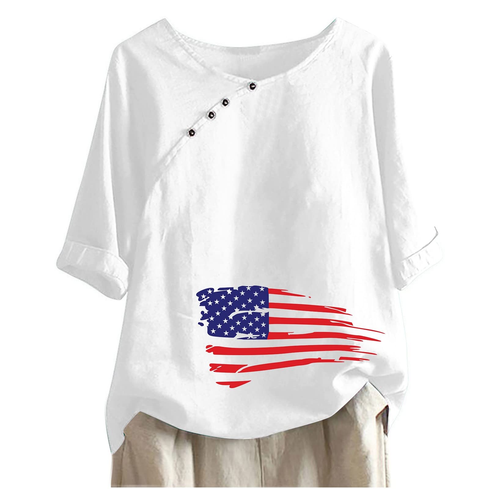 Women's Floral Print V-Neck Half Sleeve T-Shirt - Side Button Summer Blouse for Independence Day & Casual Wear | Perfect for 4th of July, Beach Outings & Summer Vacations