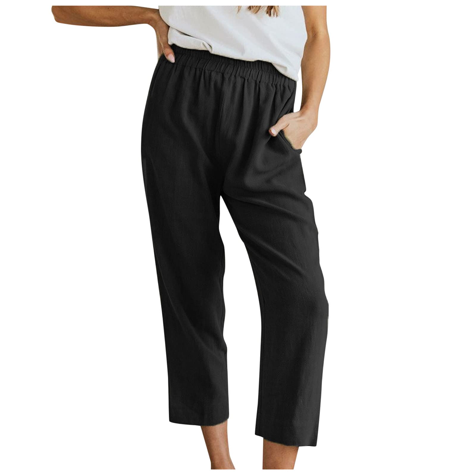 Women's Linen Cotton Casual Pants with Pockets - Solid Color Slim Fit Trousers for Work, Travel & Everyday Wear | Fashionable Comfortable Women's Clothing