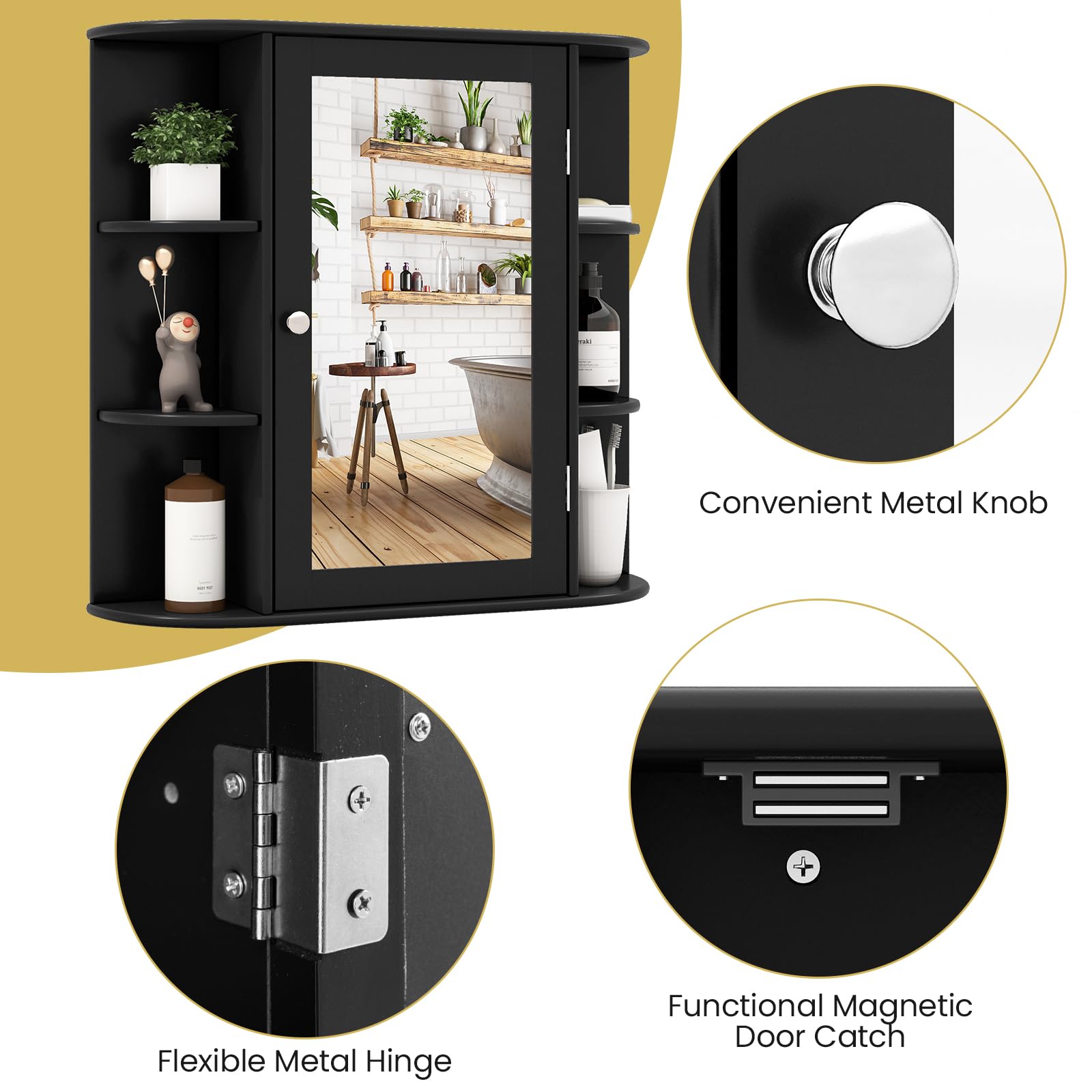 Tangkula Black Wall Mounted Bathroom Medicine Cabinet with Mirror - Adjustable Shelves, 6 Open Storage & Door - Space Saving Bathroom Organizer for Toiletries, Cosmetics & Essentials | Perfect for Small Bathrooms, Vanities & Home Decor