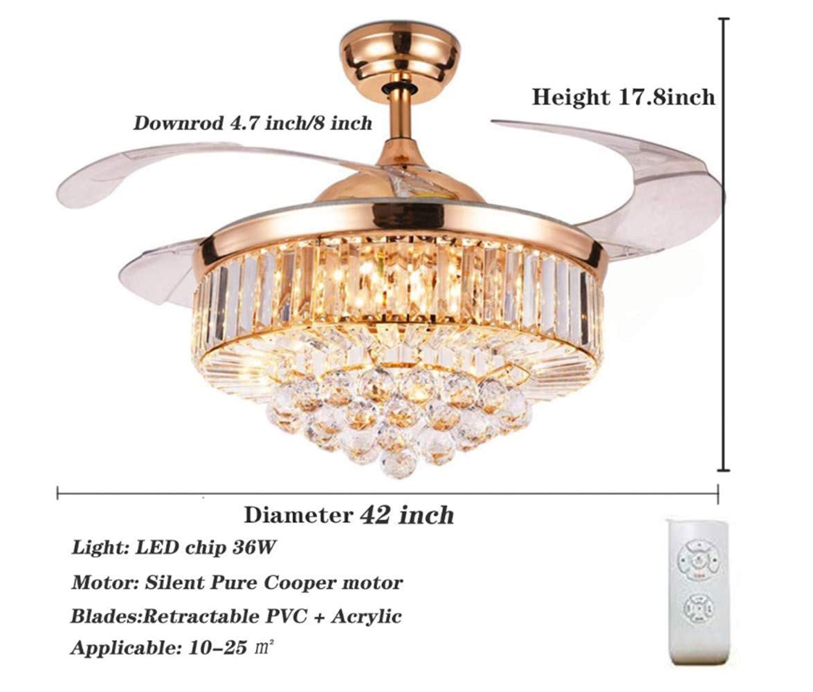 42 Inch Luxury Crystal Retractable Ceiling Fan with Remote Control - LED 3-Color Changing Light, Silent Invisible Fan Chandelier for Bedroom, Living Room (Rose Gold) - Modern Home Cooling & Elegant Lighting Solution
