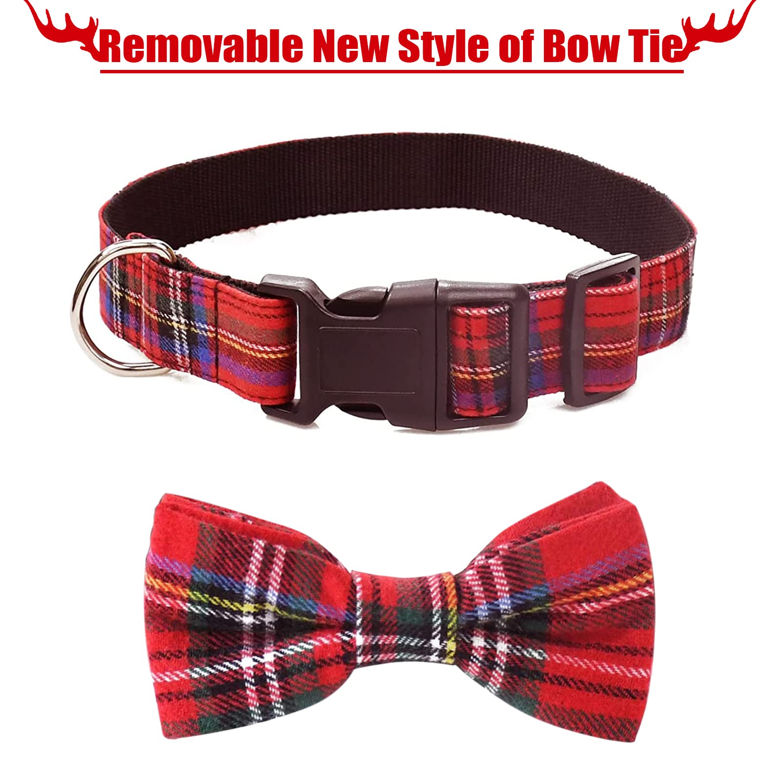 Malier Dog Collar with Bow Tie - Christmas Classic Plaid Snowflake Pet Collar for Small Medium Large Dogs & Cats (Scotland Red Plaid, Small) | Perfect for Holiday Photos & Winter Walks