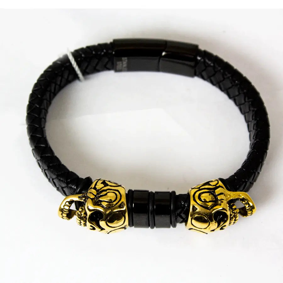 BOL Men's Braided Leather Skull Charm Bracelet - Gothic Punk Style Adjustable Wristband for Men - Perfect for Casual Wear, Parties, and Gifts
