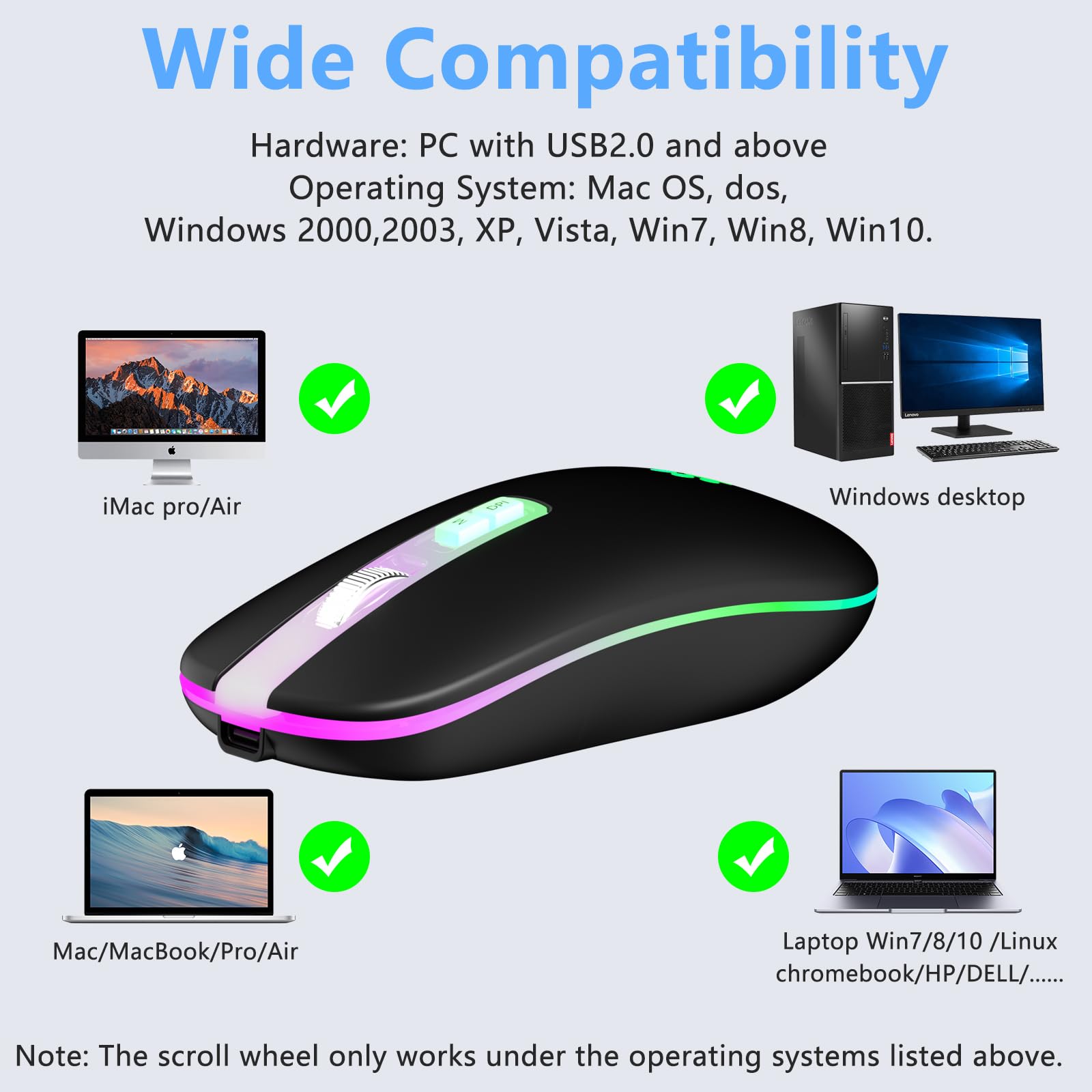 KARFUN Wireless Mouse - Slim Rechargeable 2.4G LED Backlit Mouse for Laptop, PC, MacBook, iPad, Chromebook, Notebook | Perfect for Office, Home, and Travel Use (Black with Transparent Nose)