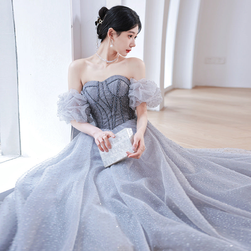 Elegant Blue Tulle Long Prom Dress with Lace-Up Back & Removable Sleeves - Perfect for Evening Gala, Formal Dances & Special Occasions