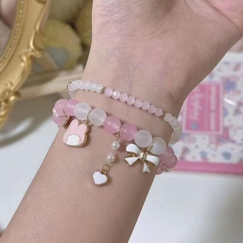Elastic Cartoon Crystal Beads Pearl Bracelet - Adjustable Kawaii Beaded Strand Bracelets for Women & Girls - Cute Graduation Charm Jewelry Gift for Kids - Perfect for Birthday Parties, School Events and Everyday Fashion Accessories