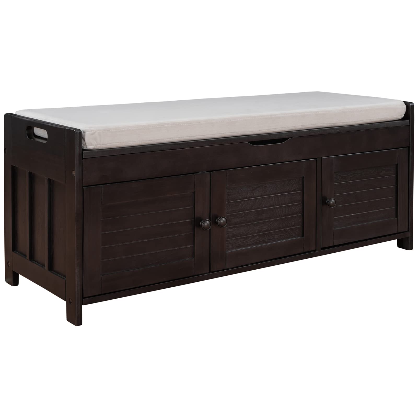 Shutter Door Storage Bench with Removable Cushion - 3-Door Entryway Shoe Bench with Hidden Storage - Fully Assembled Hallway & Living Room Furniture - Home Organization Solution (Brown) - Perfect for Small Spaces & Entryway Decor