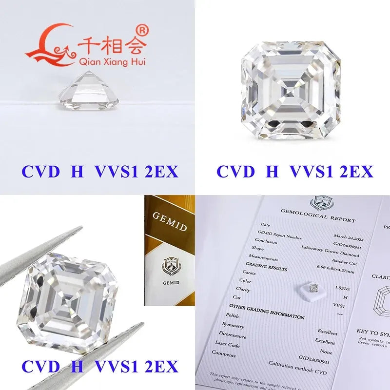 Premium Lab-Grown CVD Diamond 0.99CT to 3CT F-H Color VVS1 Clarity Asscher Cut GEMID Certified Loose Stone for Engagement Rings & Fine Jewelry