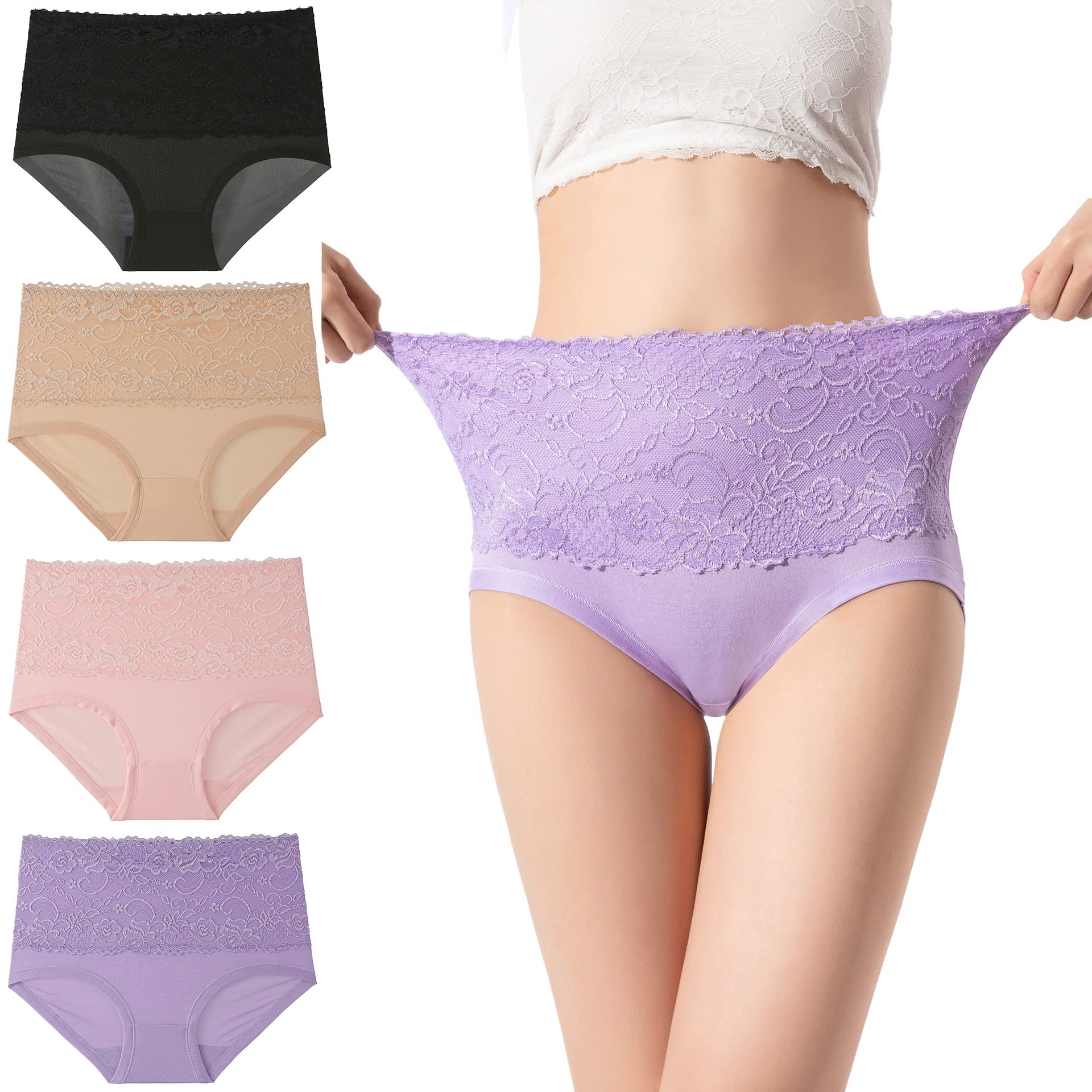 Women's High Rise Underwear - Full Back Coverage Stretchy Briefs with Floral Pattern, 4-Pack | Comfortable & Breathable for Everyday Wear, Yoga & Sleep