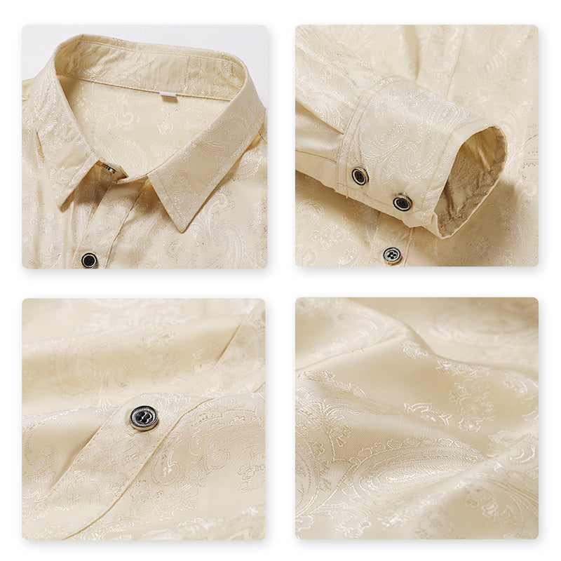 Slim Fit Embroidered Beige Paisley Shirt for Men - Casual Button Down Long Sleeve Dress Shirt for Office, Date Night & Special Occasions