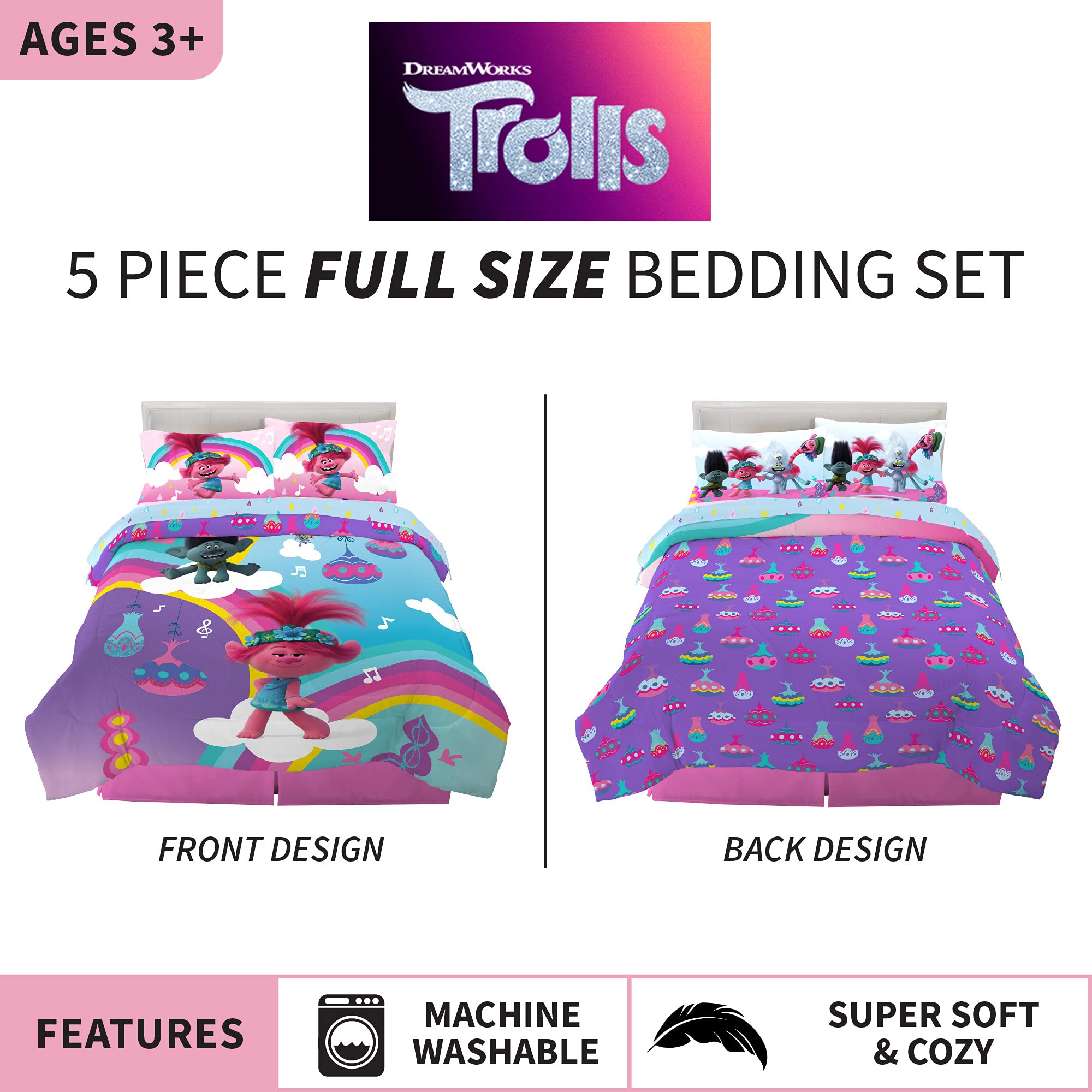 Franco Kids Bedding Set - Super Soft Microfiber Comforter & 5-Piece Sheet Set, Full Size, Trolls World Tour Theme | Perfect for Kids' Rooms, Sleepovers & Themed Bedrooms