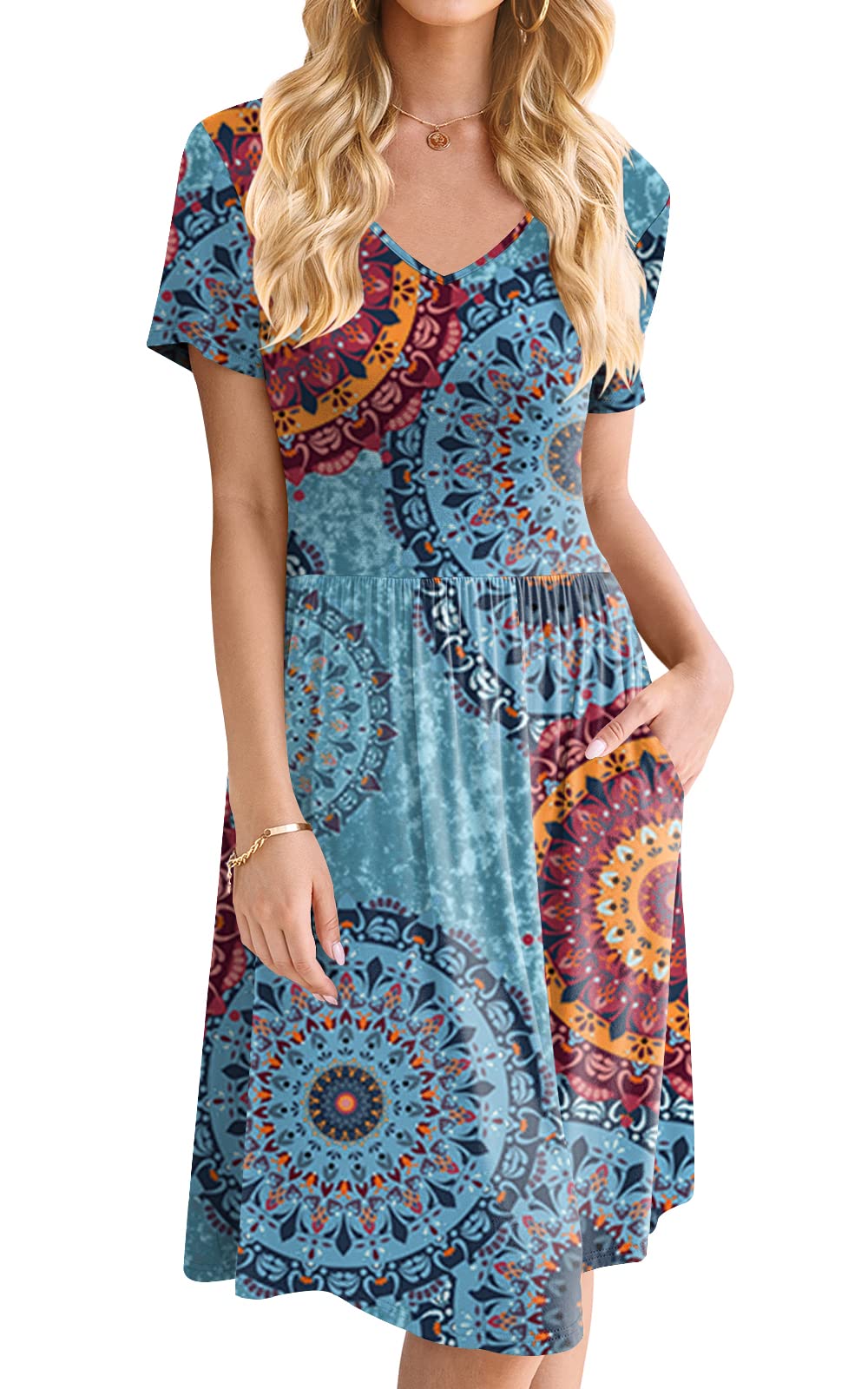 DB MOON Women's Plus Size Summer Casual Dress 2025 - V-Neck Short Sleeve Knee-Length Dress with Pockets (XL) | Perfect for Beach, Vacation & Everyday Wear