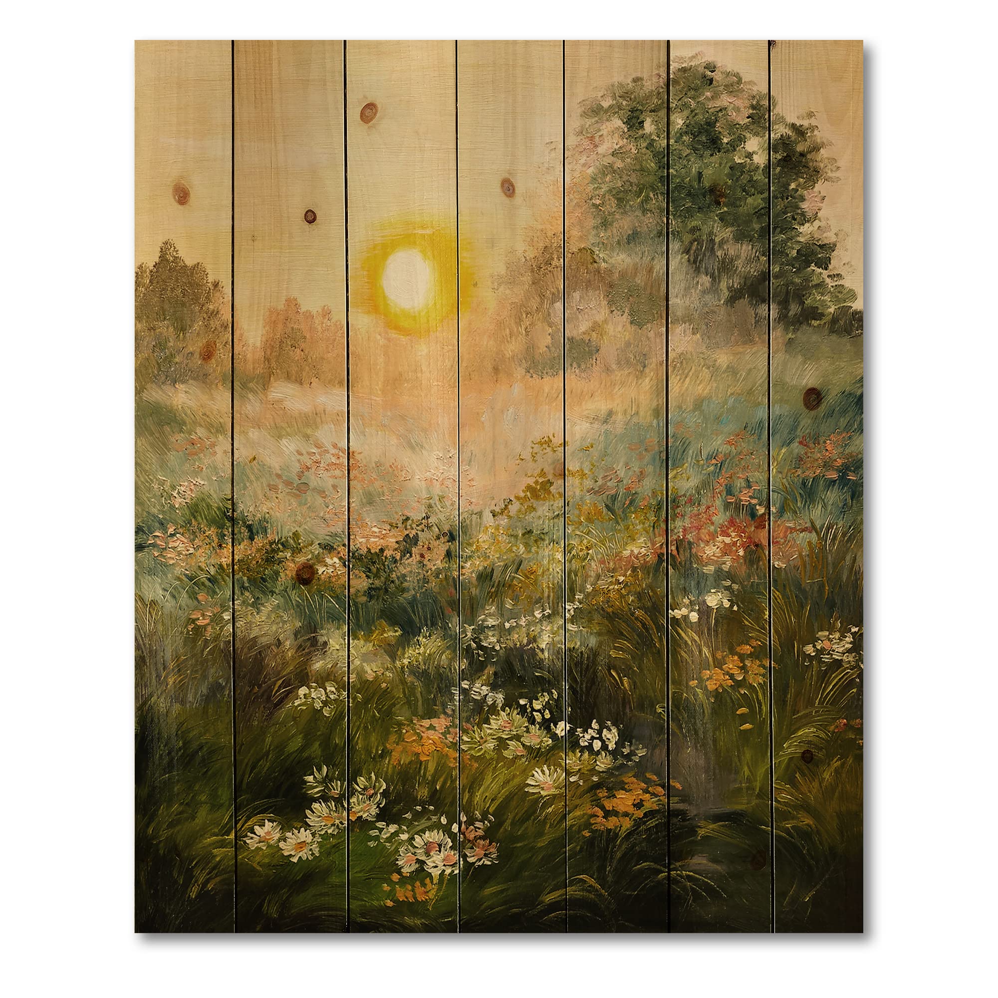 DesignQ Sunrise In The Blossoming Field Farmhouse Wood Wall Decor - Large Green Landscape Wall Art Panel Printed on Natural Pine Wood - Perfect for Living Room, Bedroom & Home Office Decor