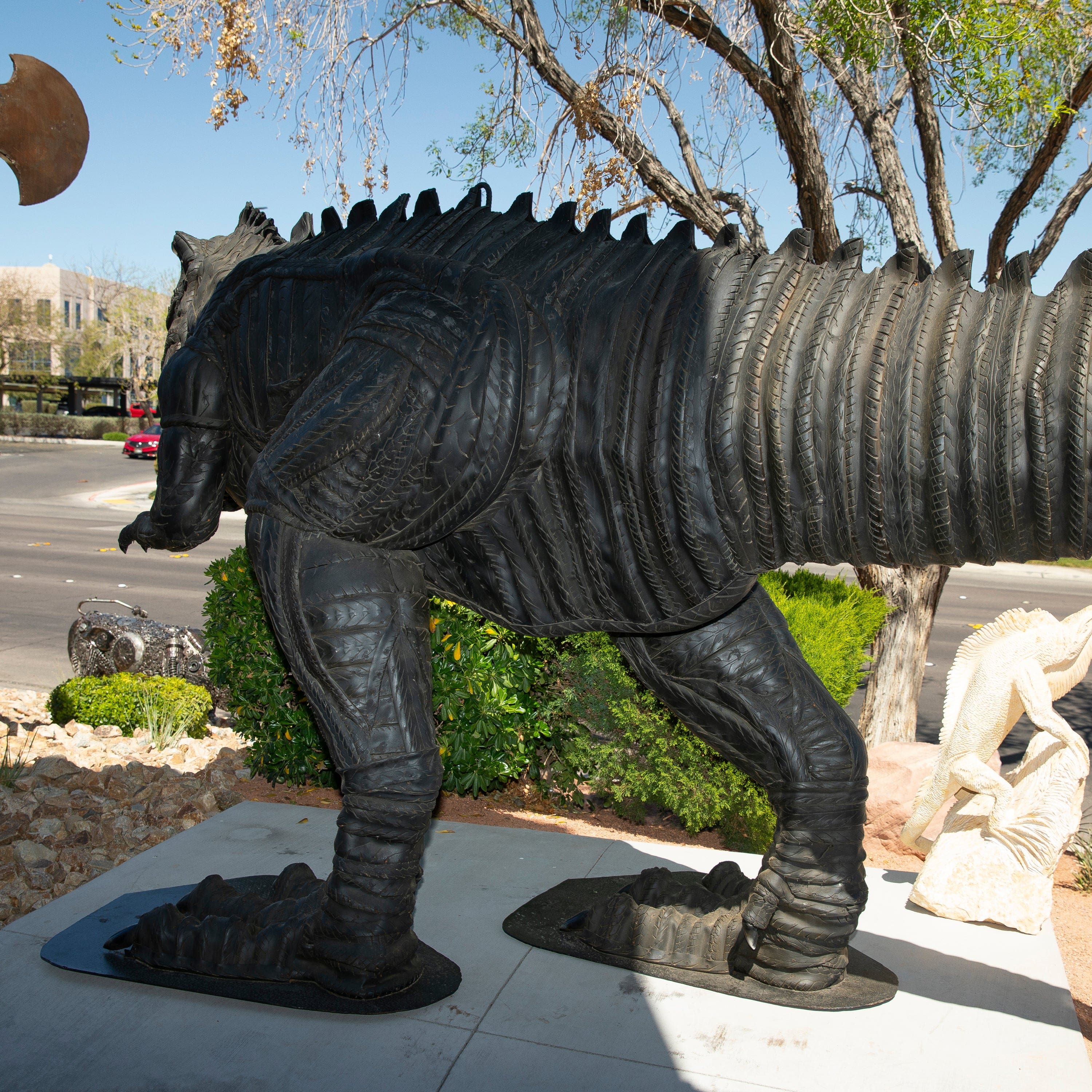 18ft T Rex Tire Art Sculpture - Dinosaur Garden Decor for Outdoor & Indoor Use - Perfect for Backyard, Park, or Museum Display