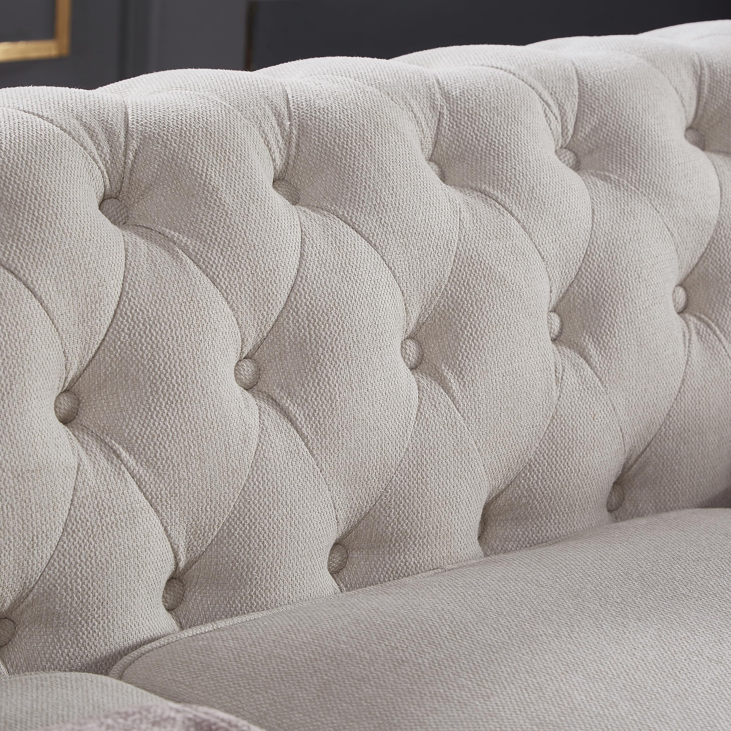 Chesterfield Sofa - Classic Linen Upholstered 3-Seater Couch, Modern Long Settee for Living Room & Office - Beige | Perfect for Home Decor, Lounge Relaxation & Elegant Entertaining