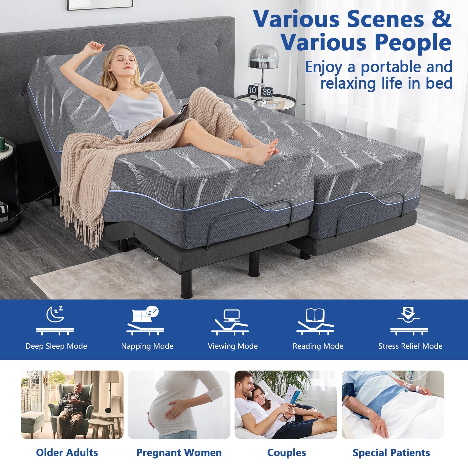 14 Inch Grey Gel Memory Foam Adjustable Smart Bed Base with Mattress - Medium-Firm Queen Size, Massage & Voice Control, Under-Bed Lighting - Perfect for Back Pain Relief, Home Theater & Reading in Bed