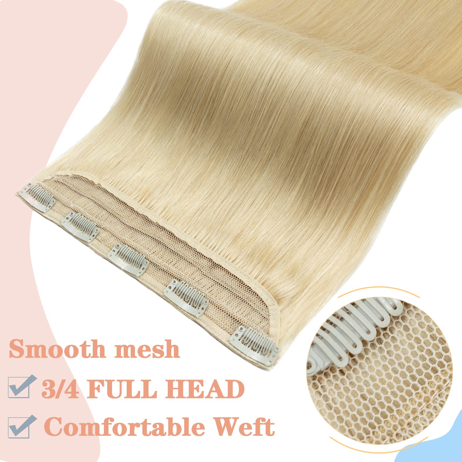 Clip-in Human Hair Extensions 16 Inch 80g - Real One Piece Hair Weft with 5 Clips (#613 Bleach Blonde) for Thicker Fuller Hair | Perfect for Daily Styling, Parties & Special Occasions