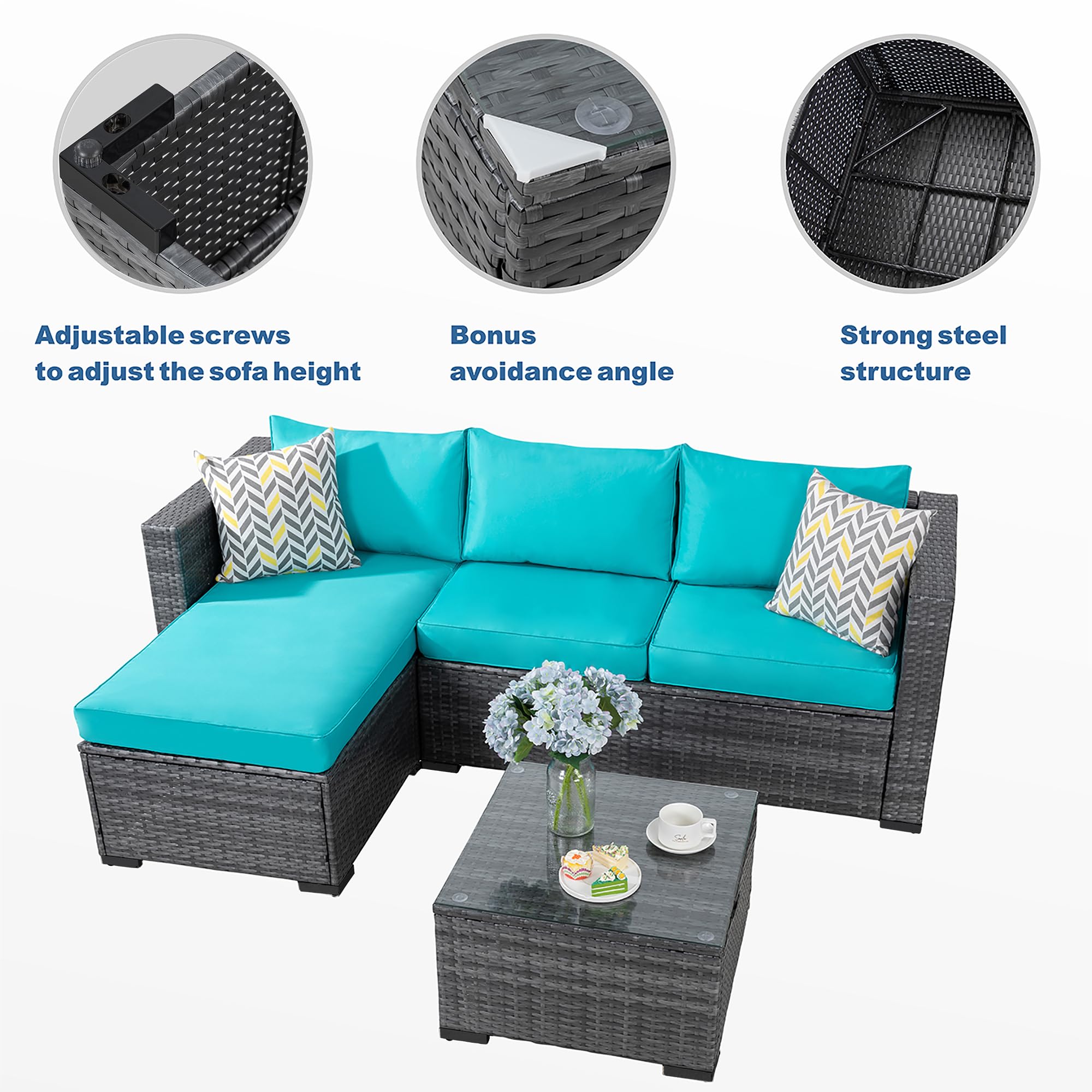 **JAMFLY 3-Piece All-Weather Wicker Patio Furniture Set - Outdoor Sectional Sofa with Coffee Table & Cushions, Sky Blue - Perfect for Backyard, Garden, Poolside & Patio Relaxation**