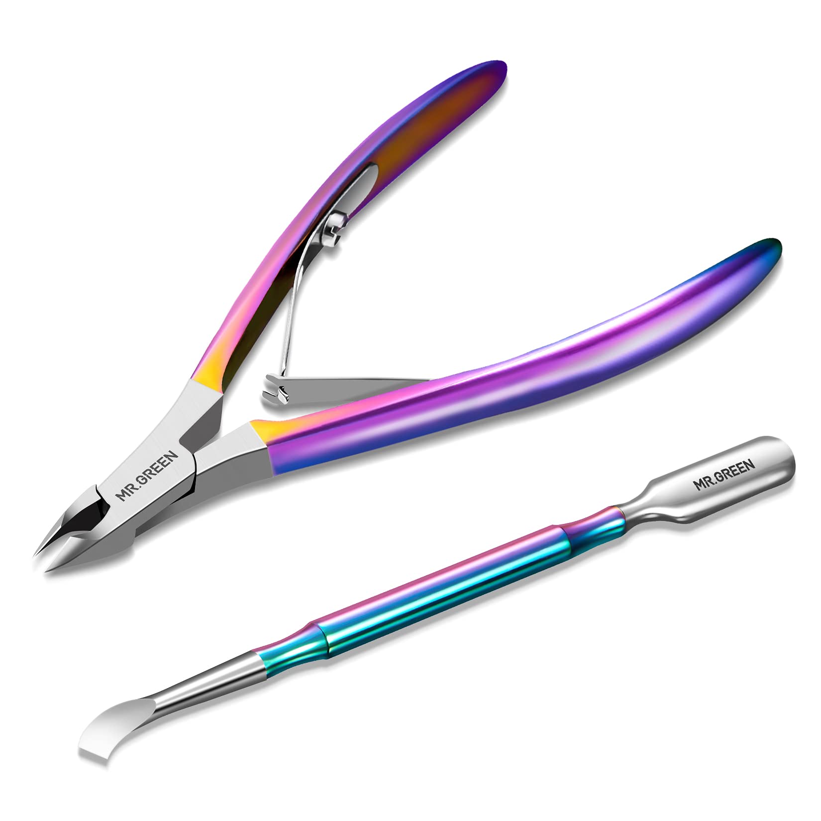 Premium MR.GREEN Cuticle Nippers & Pusher Set - Professional Stainless Steel Nail Clippers for Manicure, Dead Skin & Hangnail Removal - Beauty Tools for Home & Salon Use (Colorful Titanium Coating) - Perfect for DIY Nail Care & Professional Grooming