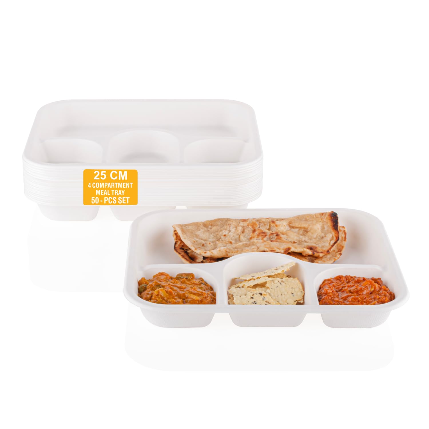 Clazkit 50 Pack 4-Compartment Disposable Meal Trays - Eco-Friendly Biodegradable Bagasse Plates for Parties, Weddings & Events | Perfect for Catering, Picnics & Outdoor Dining