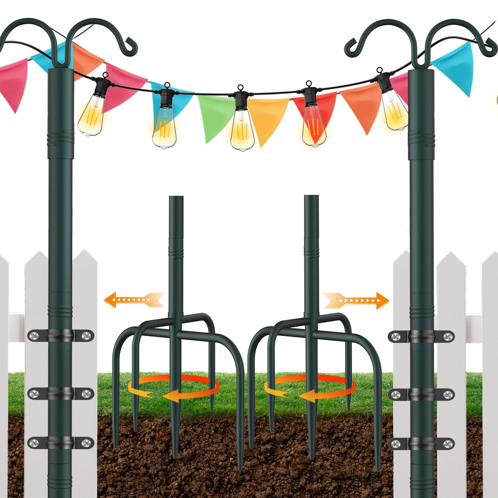 10ft Adjustable Metal String Light Poles 2 Pack - 5 Prongs & Fixing Clips for Outdoor Patio, Backyard, Garden, Deck Lighting | Perfect for Wedding, Party, Birthday Decor | Weather-Resistant & Easy to Install