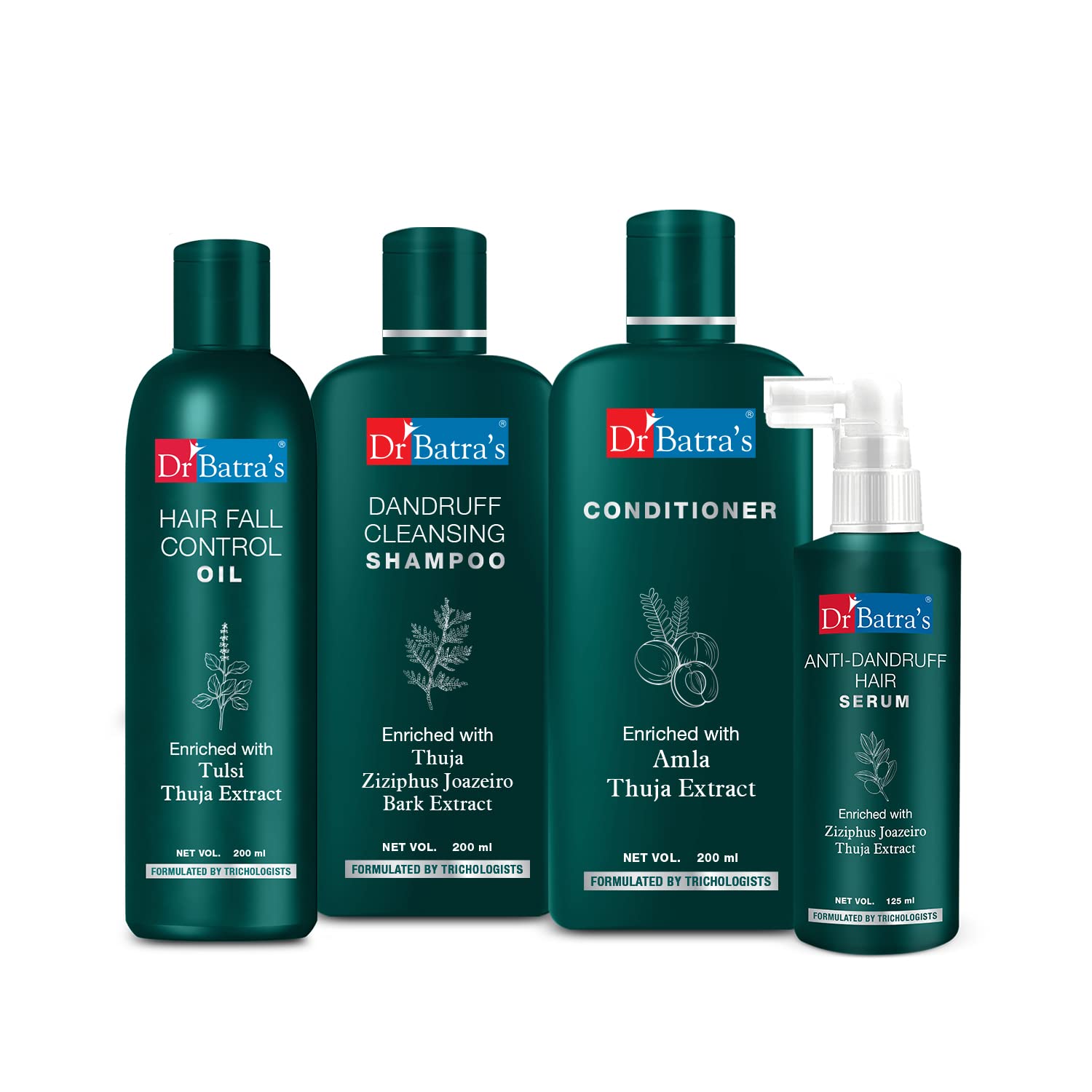 Dr. Batra's Anti-Dandruff Hair Care Combo - Hair Serum, Conditioner, Hair Fall Control Oil & Cleansing Shampoo (200ml Each) for Men & Women | Fights Dandruff, Reduces Hair Fall & Nourishes Scalp | Perfect for Daily Hair Care Routine & Scalp Treatment