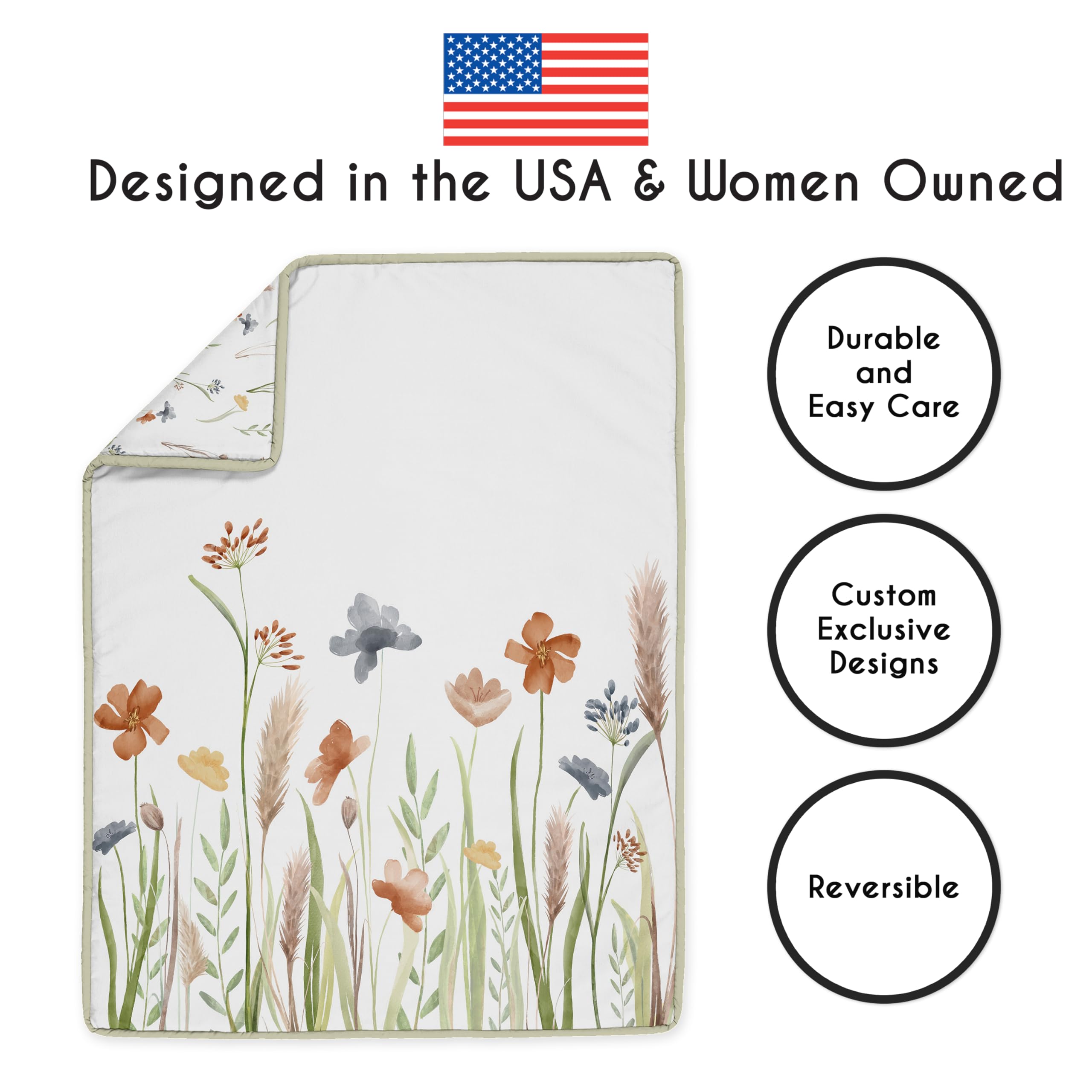 Sweet Jojo Designs 4-Piece Baby Crib Bedding Set - Green Boho Floral Nursery Decor for Girls | Includes Blanket, Fitted Sheet, Skirt & Diaper Stacker | Perfect for Bohemian, Farmhouse & Wildflower Themed Nurseries | Soft & Safe for Newborns & Infants