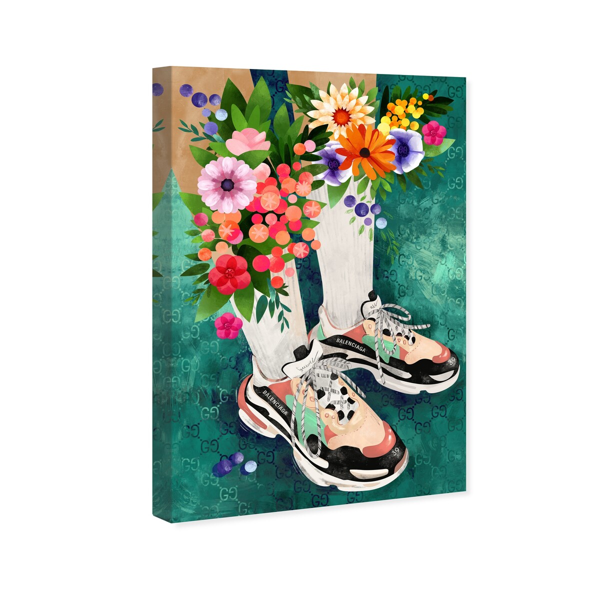 Stylish Floral Sneakers & Socks Set with Modern Green Canvas Wall Art Print - Perfect for Bedroom Decor and Casual Outfits