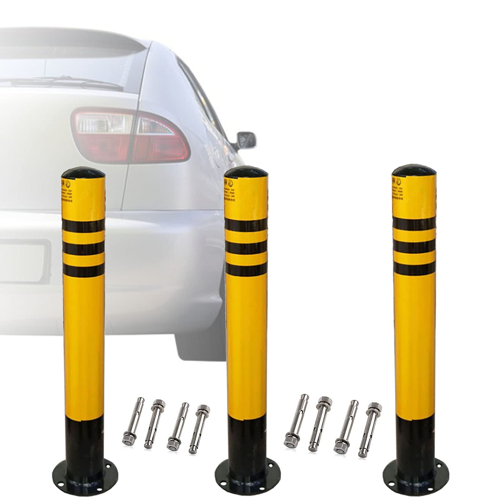 Reflective Safety Parking Bollards - 3 Pack Heavy Duty Parking Sign Posts with Expansion Screws (1000x114mm) for Driveways, Garages & Commercial Parking Lots - Durable Road Markers for Traffic Safety