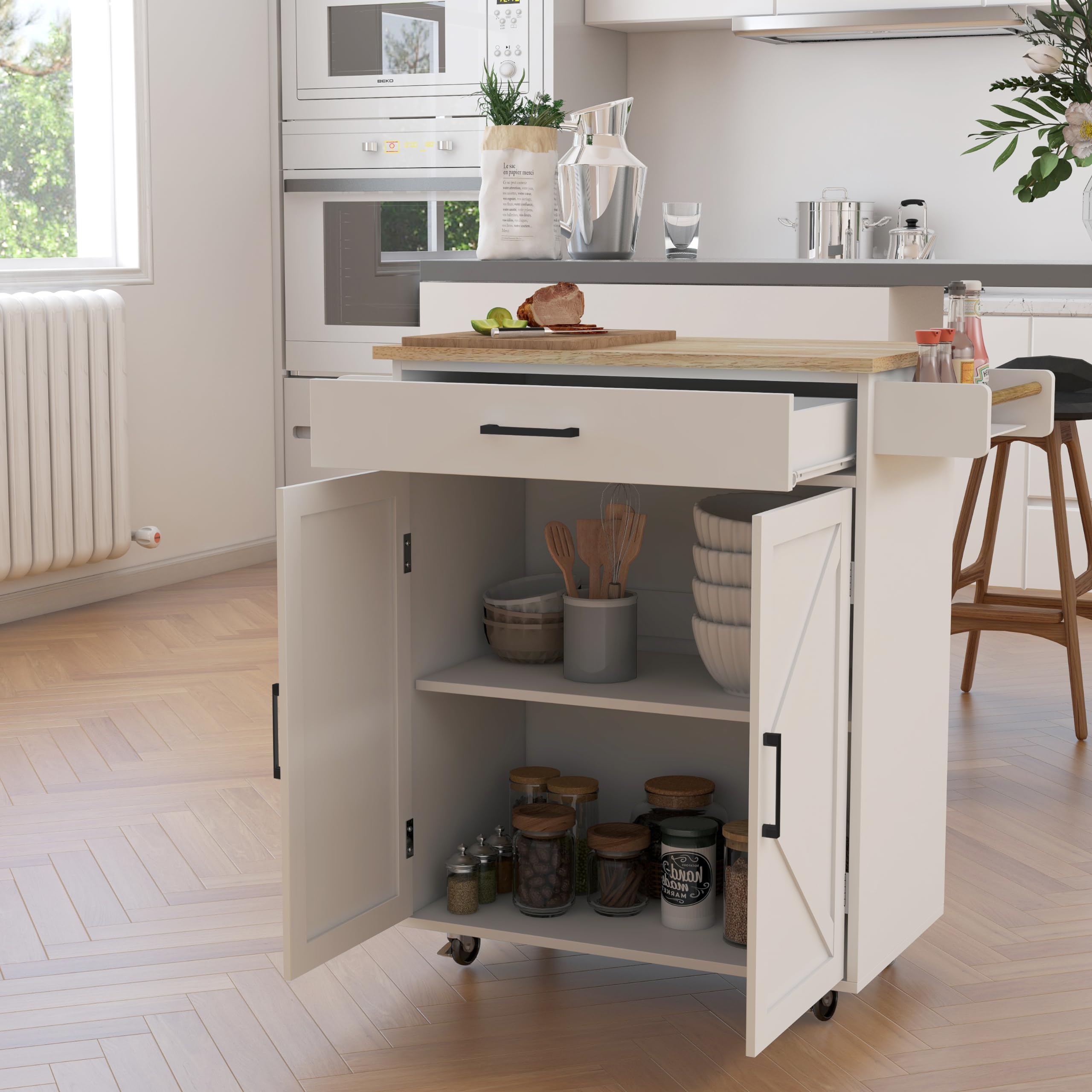 RASOO White Rolling Kitchen Island Cart with Storage - Adjustable Shelf, Solid Wood Countertop, Towel & Spice Rack - Mobile Kitchen Organizer for Small Spaces, Dining Room & Apartment Cooking