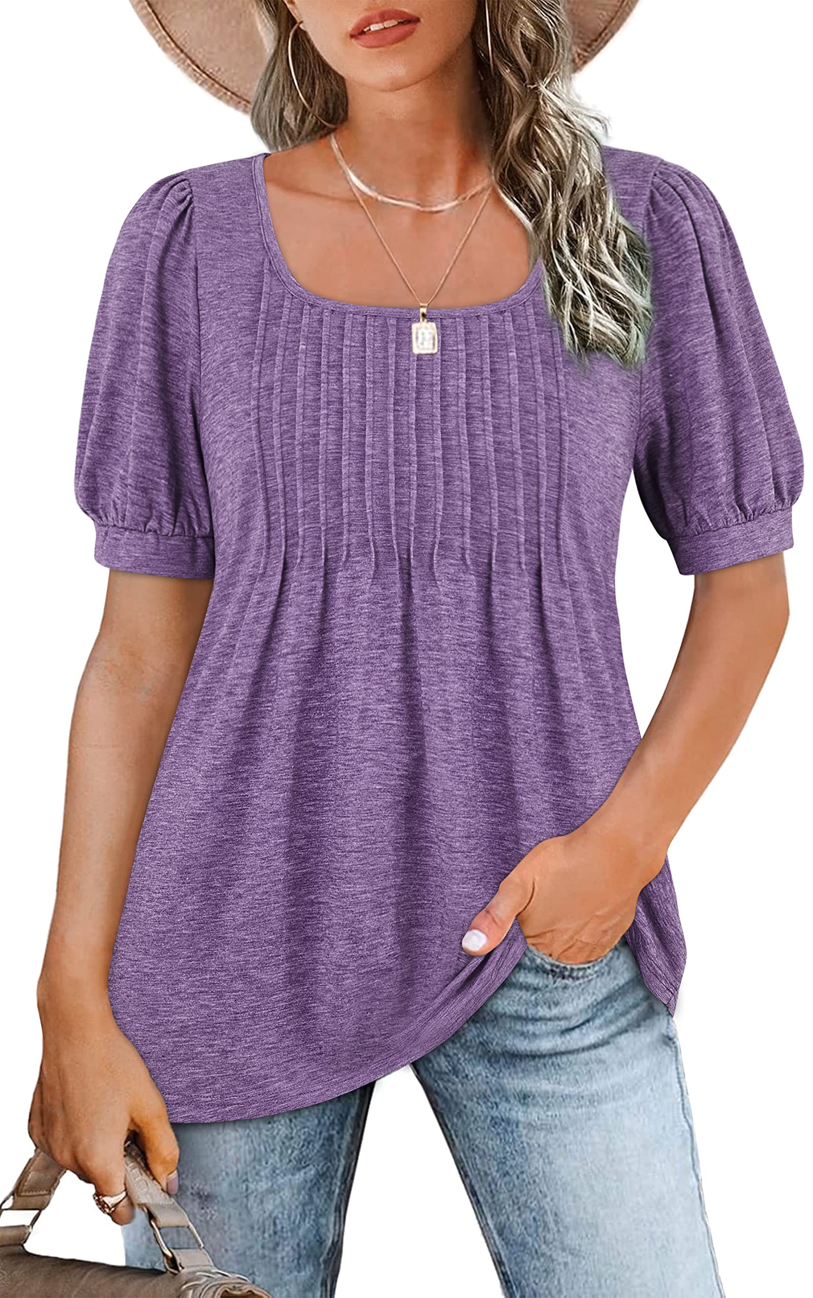 Zwurew Women's Summer Casual Puff Short Sleeve T-Shirt - Square Neck Pleated Flowy Tunic Top for Leggings (Sizes S-2XL) | Perfect for Yoga, Running & Everyday Wear