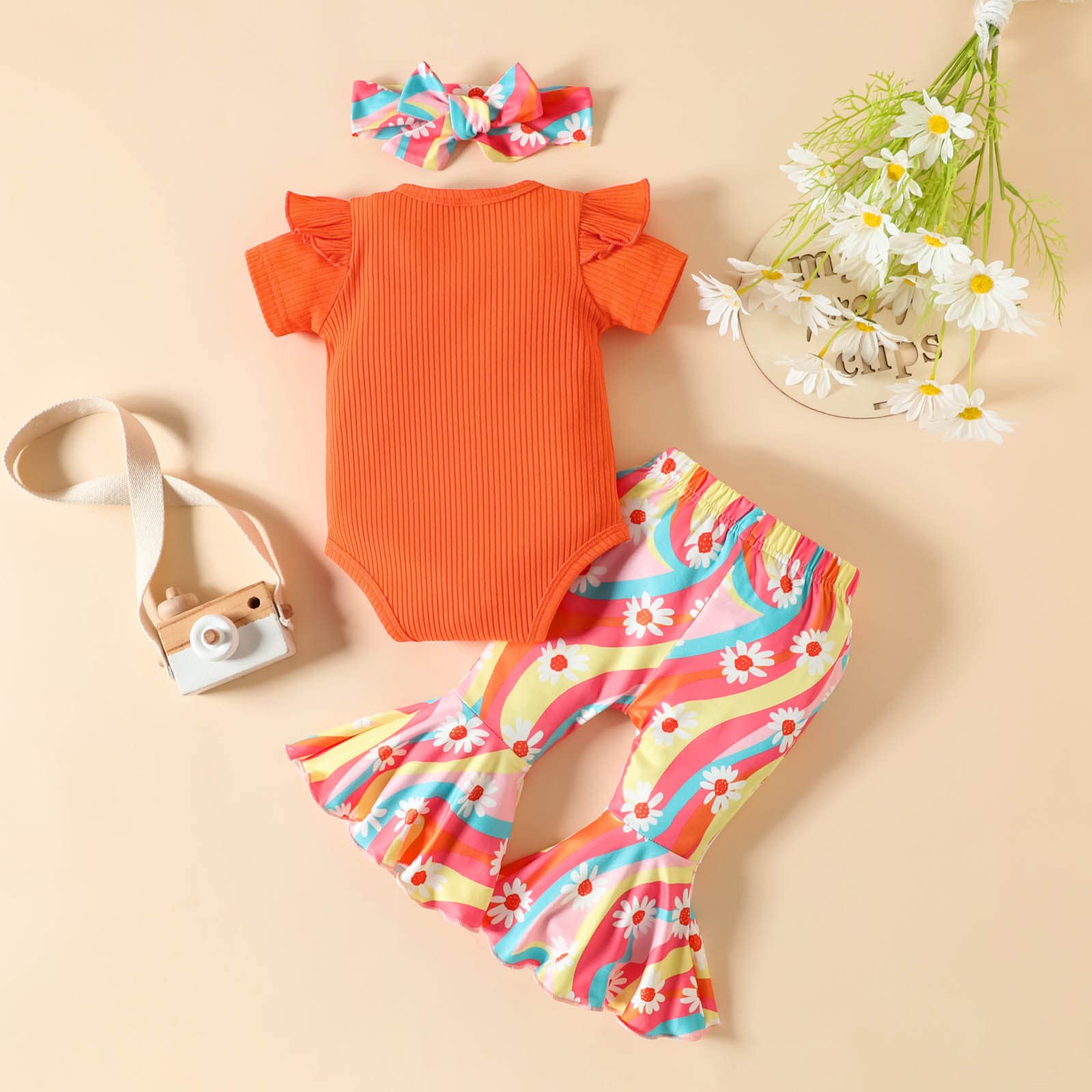 **Cute Baby Girl Bell Bottom Outfit Set - Toddler Romper with Flower Print & Headband - Perfect for Birthday, Photo Shoots & Special Occasions**