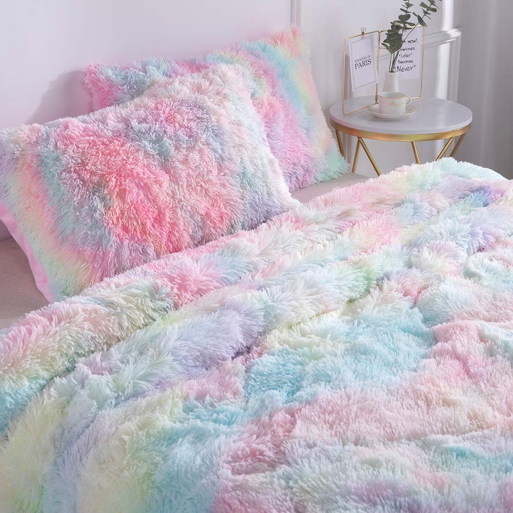 Wajade Faux Fur Plush Rainbow Comforter Set - 3PC Full/Queen Size Soft Microfiber Bedding | Fluffy Fuzzy Shaggy Warm Quilt for Cozy Bedroom Decor | Perfect for Winter, Guest Room & Kids Room