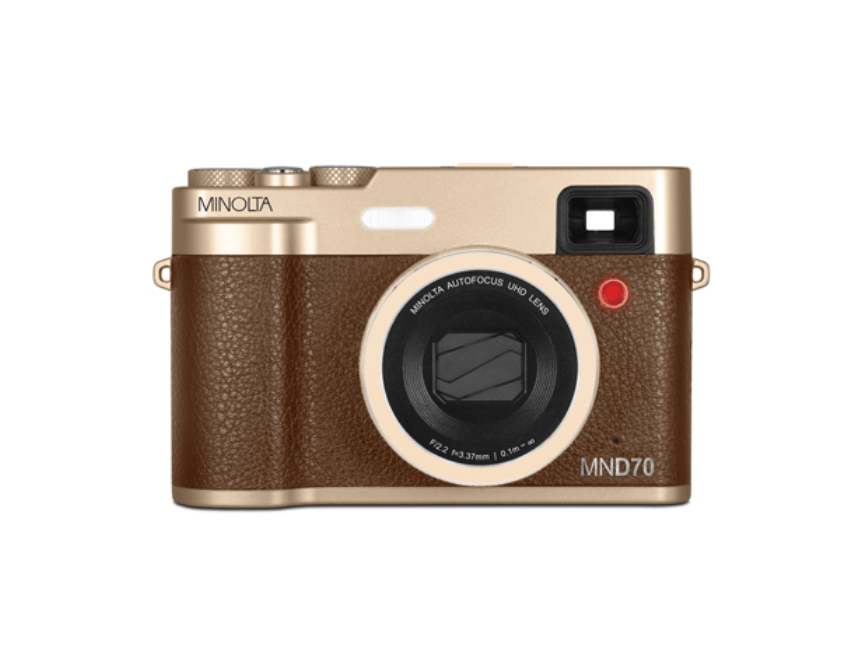 MINOLTA MND70 Retro 48MP Autofocus Camera - 5K Ultra HD Dual Lens with WiFi (Gold/Brown) - Perfect for Travel Photography & Vlogging