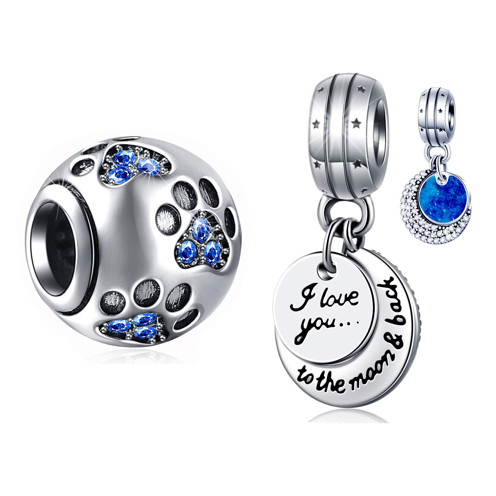 EMOSTAR Sterling Silver I Love You Charms Set - Moon & Starry Sky Pendant with Dog Mom Pawprint Charm for Women's Bracelet | 925 Silver Jewelry Gift for Pet Lovers, Valentine's Day & Christmas | Perfect for Everyday Wear, Special Occasions & Gift-Giving