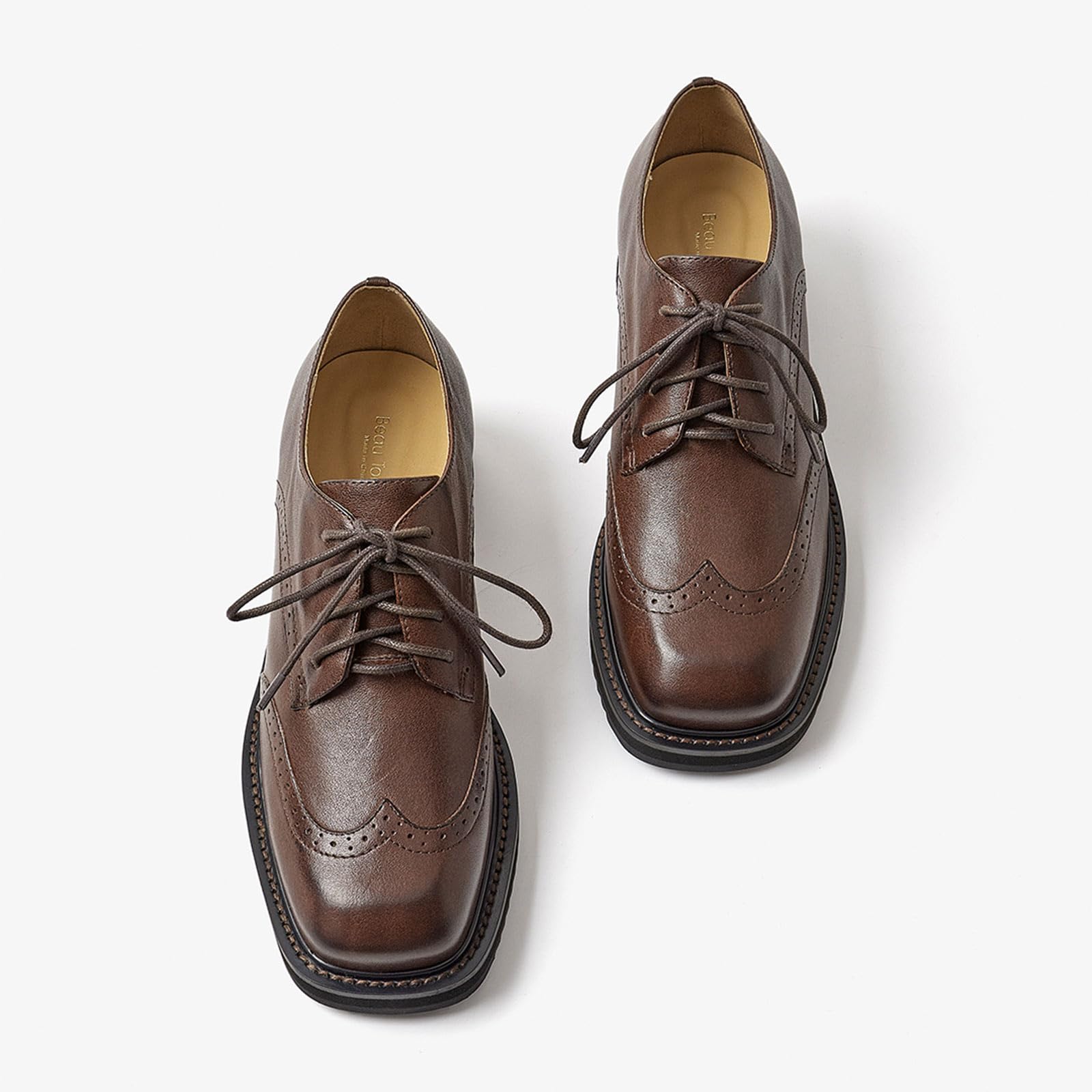 BEAU TODAY Women's Leather Oxford Shoes - Breathable Brogue Wingtip Dress Shoes for Business & Work | Handmade Lace-Up Comfortable Ladies Shoes for Office, Formal Events & Professional Occasions