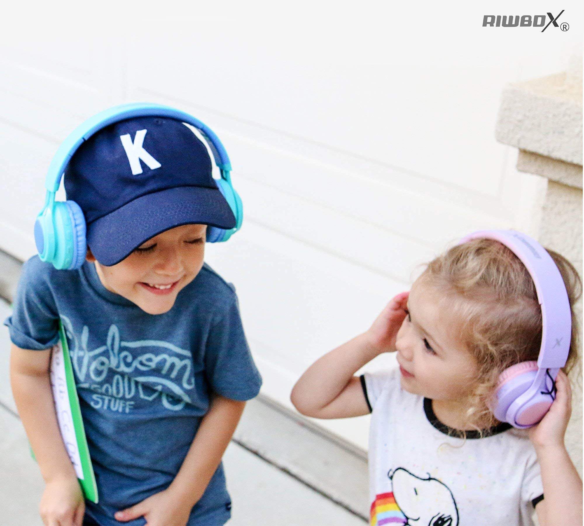 Riwbox WT-7S Wireless Kids Headphones 2 Pack - Foldable Stereo Bluetooth Headset with Built-in Mic & Volume Control for Children - Compatible with PC, Laptop, Tablet, iPad (Purple & Blue) - Perfect for Online Learning, Travel & Entertainment
